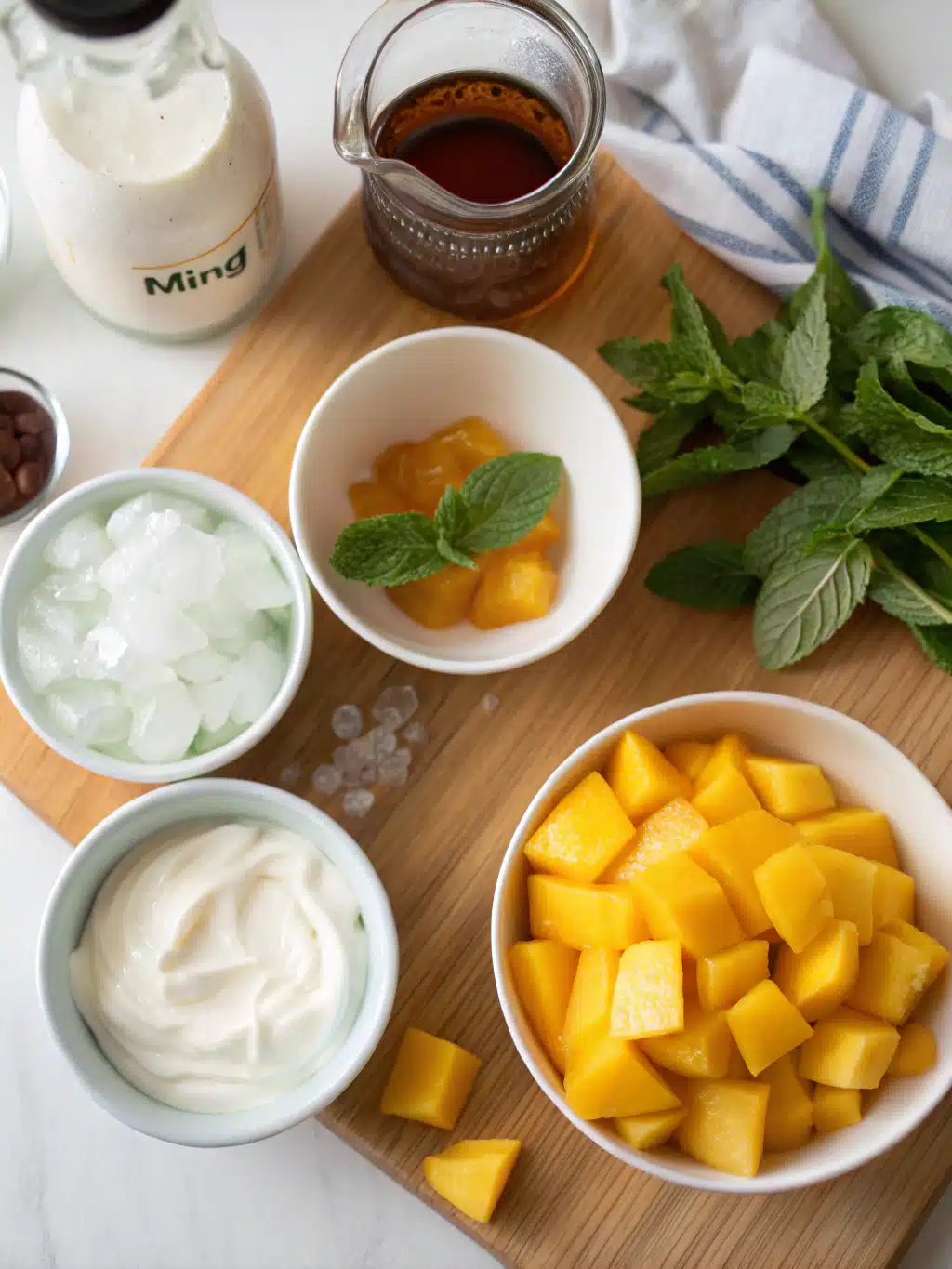 Fresh ingredients for mango mint smoothie arranged on a wooden table