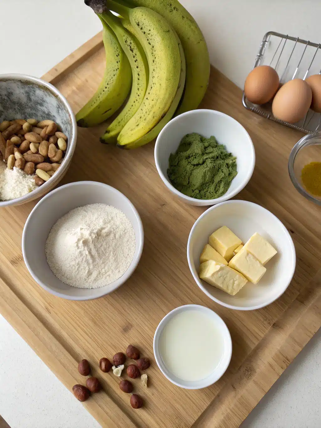 Fresh ingredients for matcha banana bread arranged on a wooden table