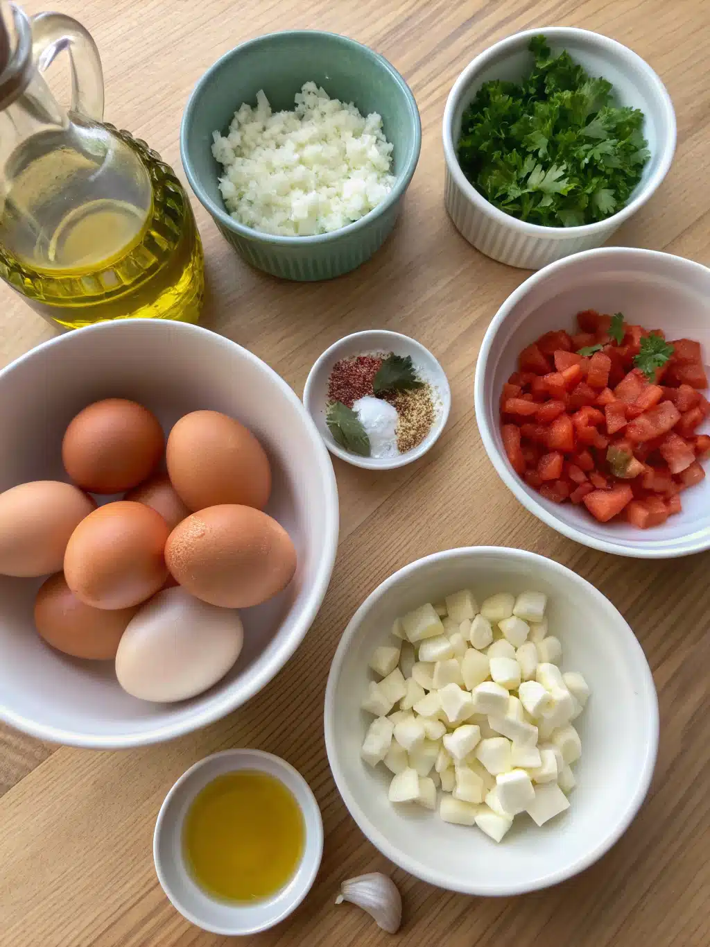 Fresh ingredients for Greek tomato eggs including tomatoes, eggs, feta, and herbs