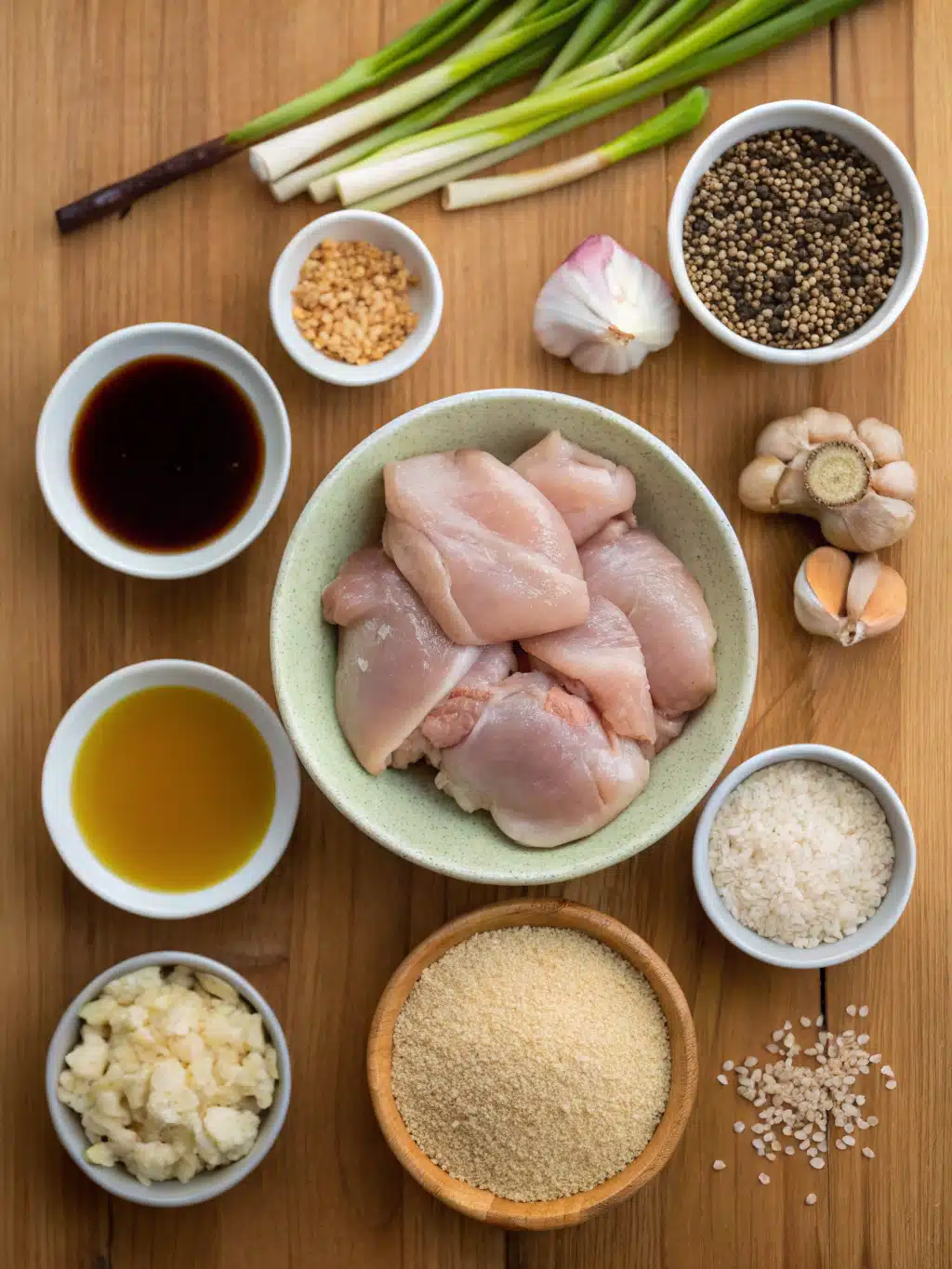 Fresh ingredients for Japanese chicken recipe arranged on a wooden table