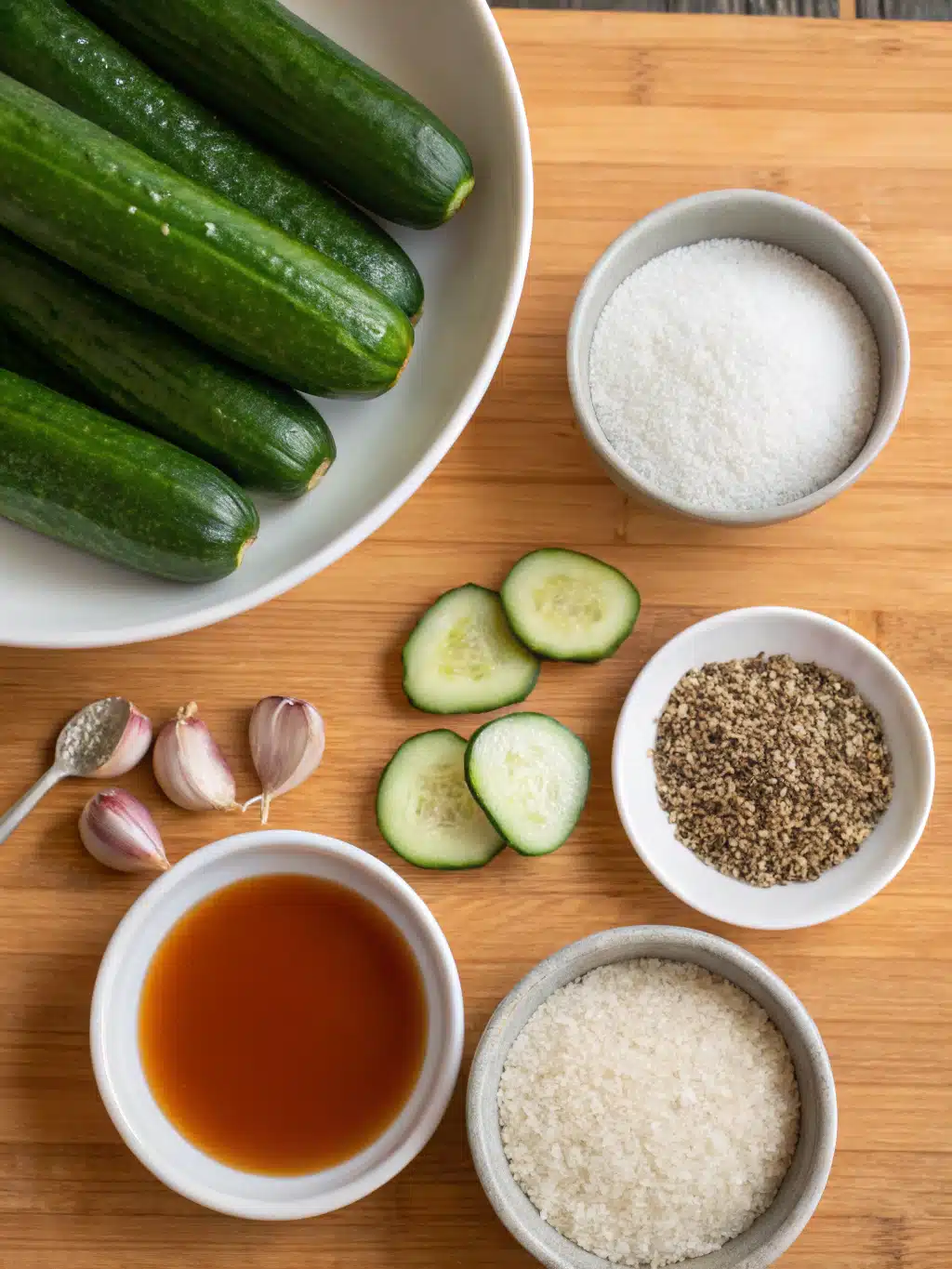 Fresh ingredients for Korean cucumber salad arranged on a table