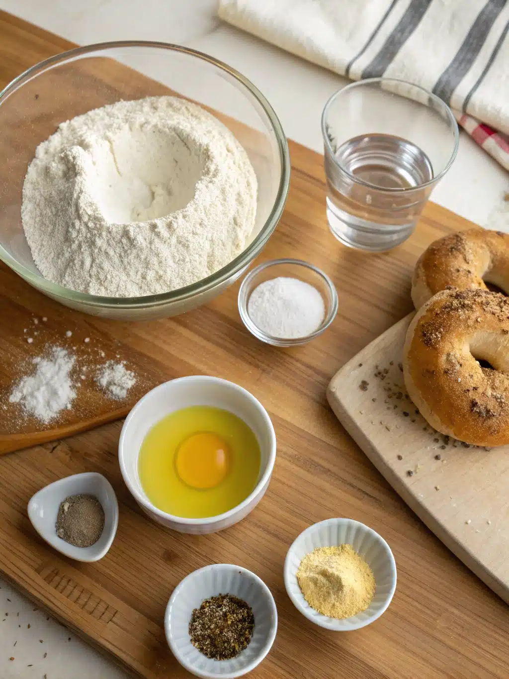 Ingredients lined up for making air fryer bagels: flour, yeast, egg, seasoning