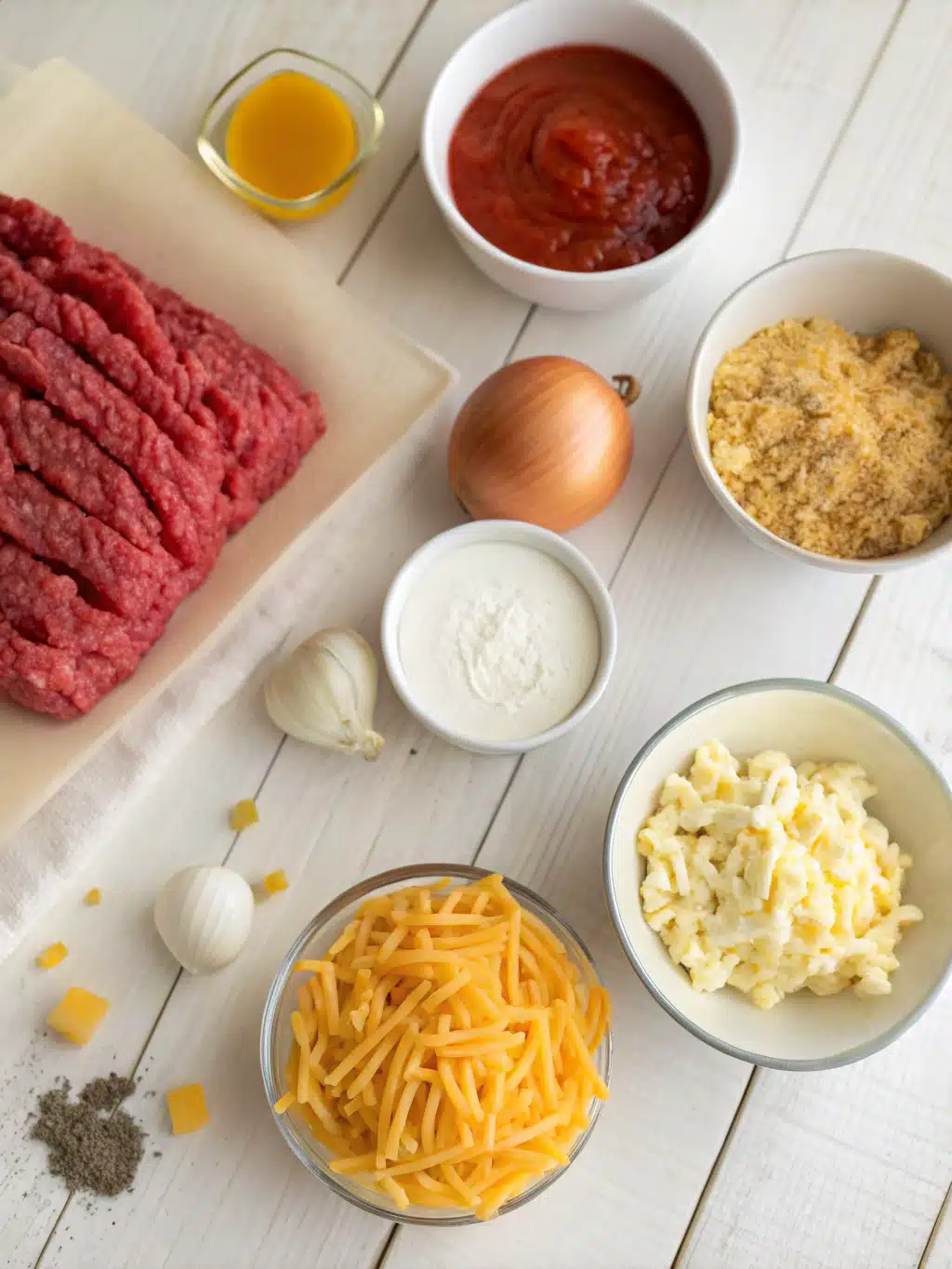 Fresh ingredients for angel beef casserole including ground beef, noodles, and cheese