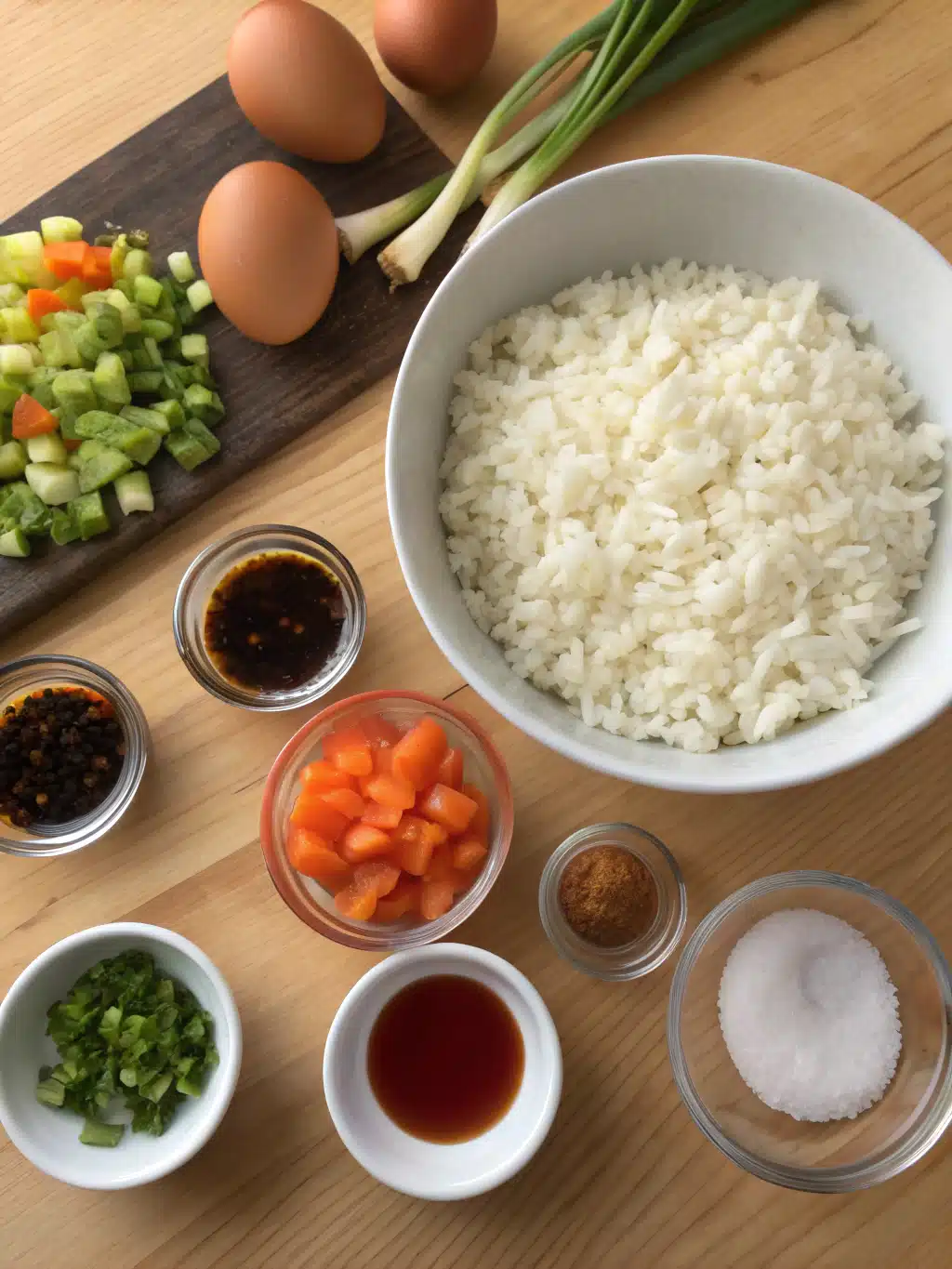 Fresh ingredients for bang bang fried rice laid out on a wooden table