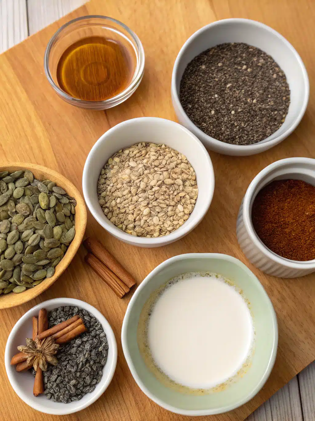 Ingredients for bariatric seed recipe including chia, flax, sunflower, and pumpkin seeds