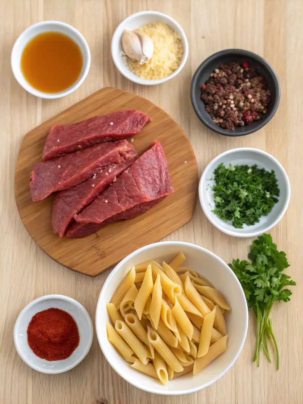 BBQ steak pasta ingredients Fresh ingredients for BBQ steak pasta including flank steak, penne, and spices