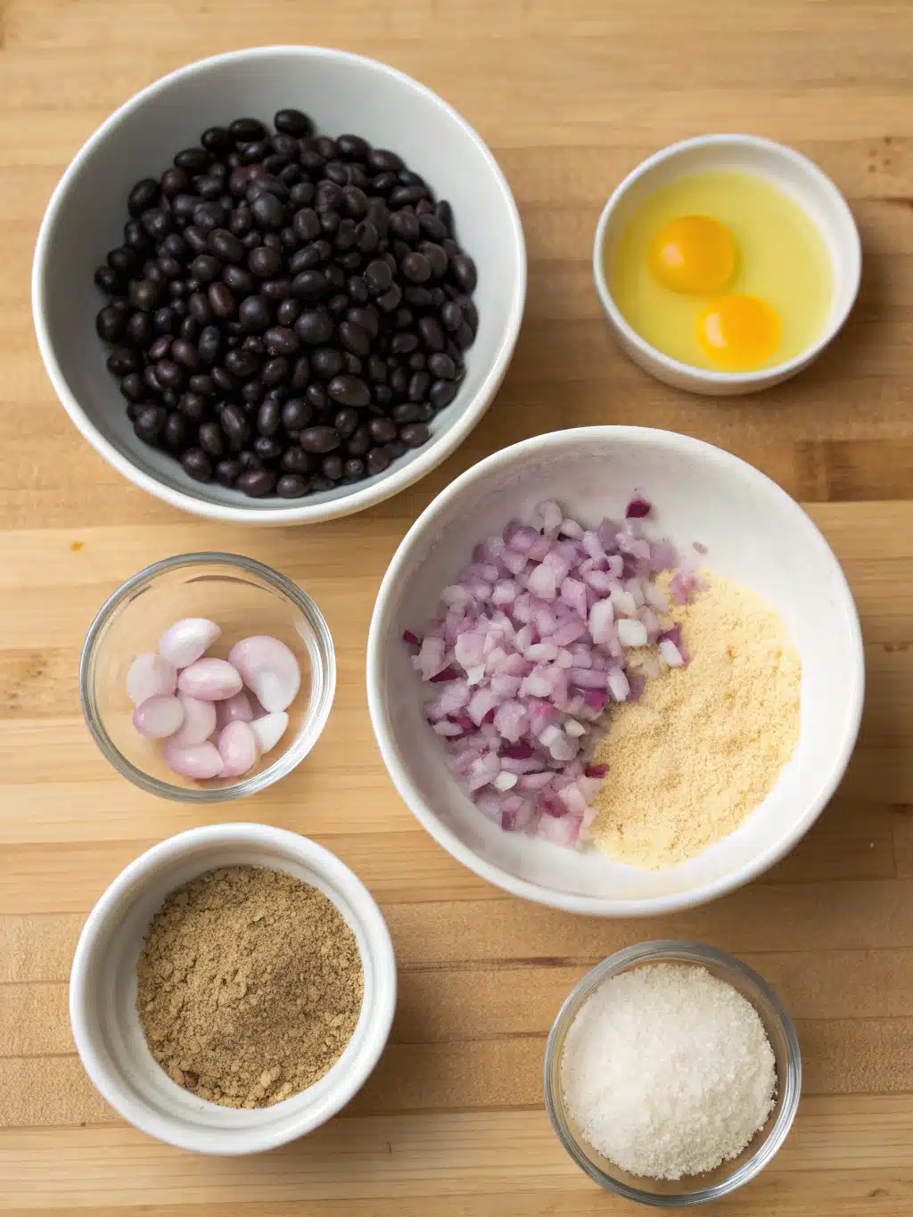Ingredients for homemade black bean burgers including beans, breadcrumbs, and spices