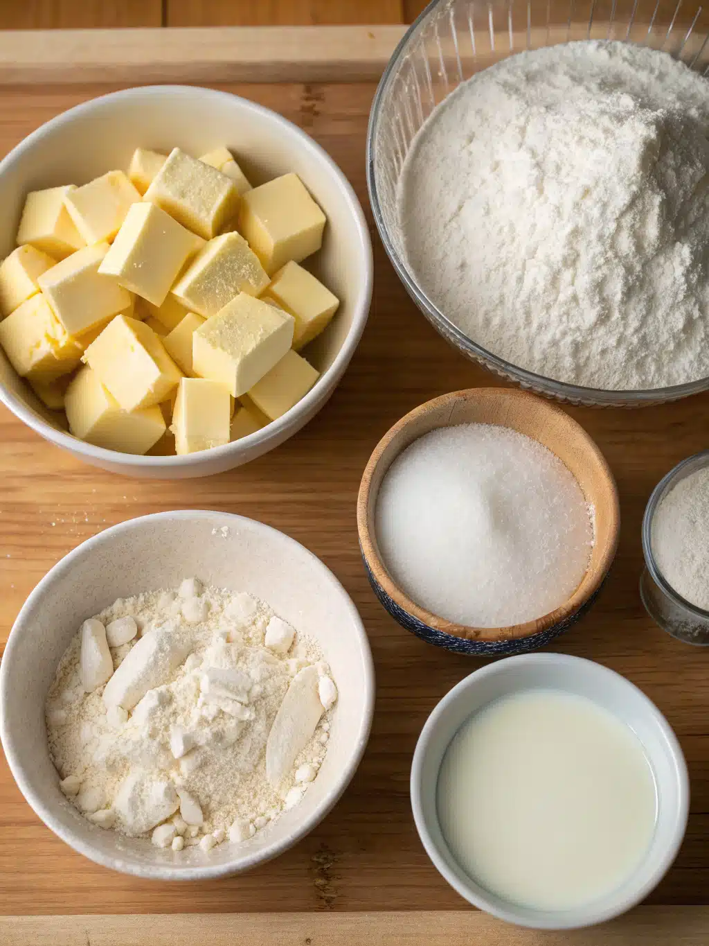 All ingredients laid out for making flaky buttery biscuits