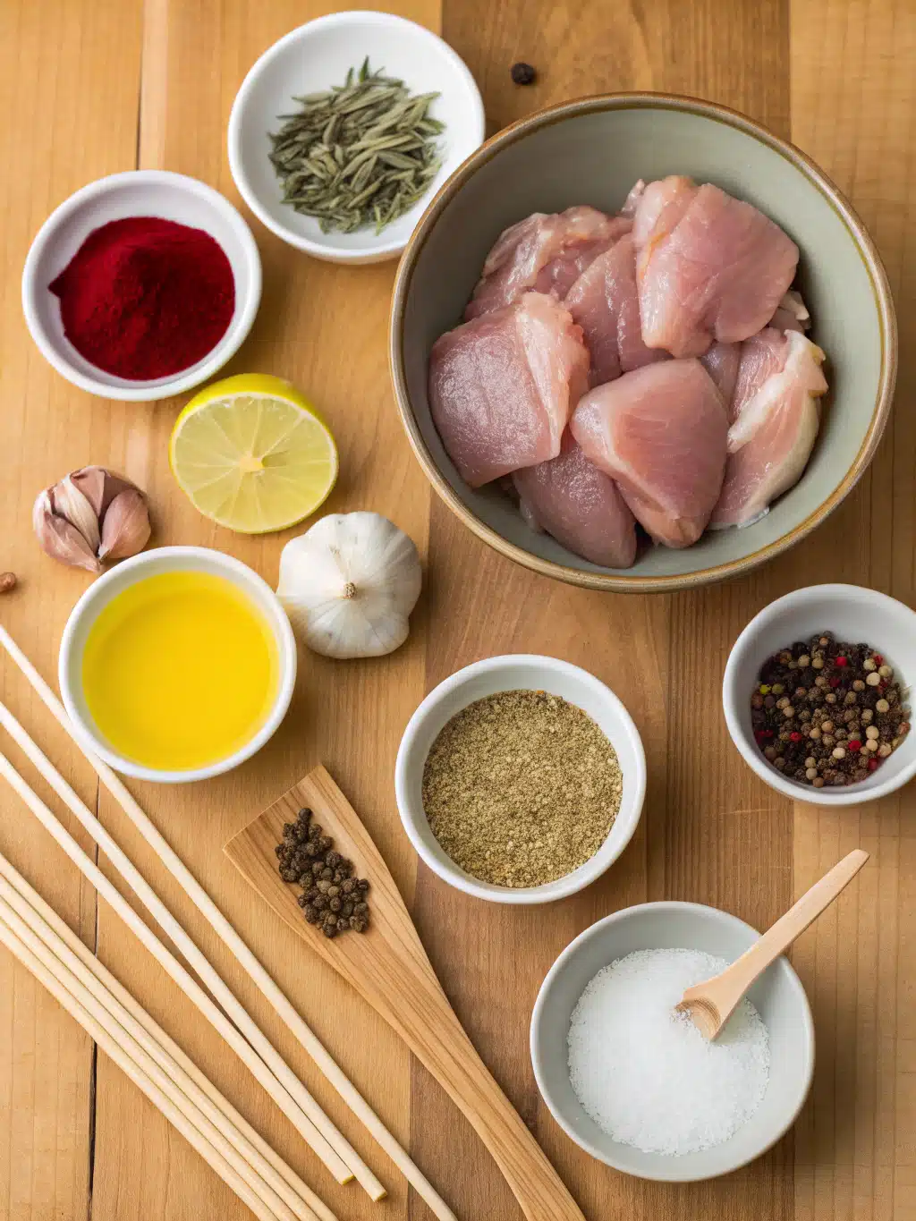 Fresh ingredients for chicken souvlaki recipe including chicken, lemon, and herbs