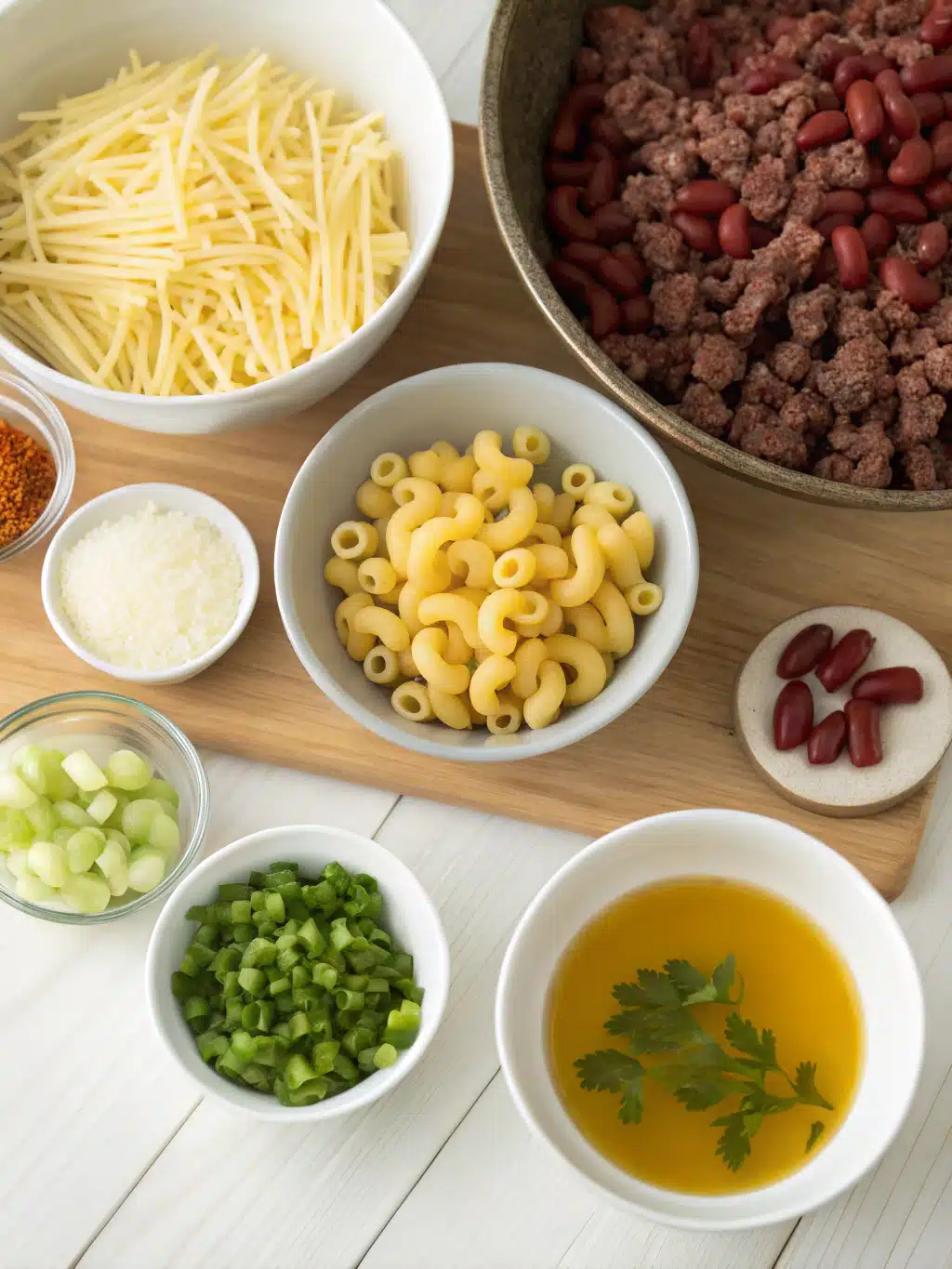 All ingredients for chili cheese pasta laid out on a kitchen counter
