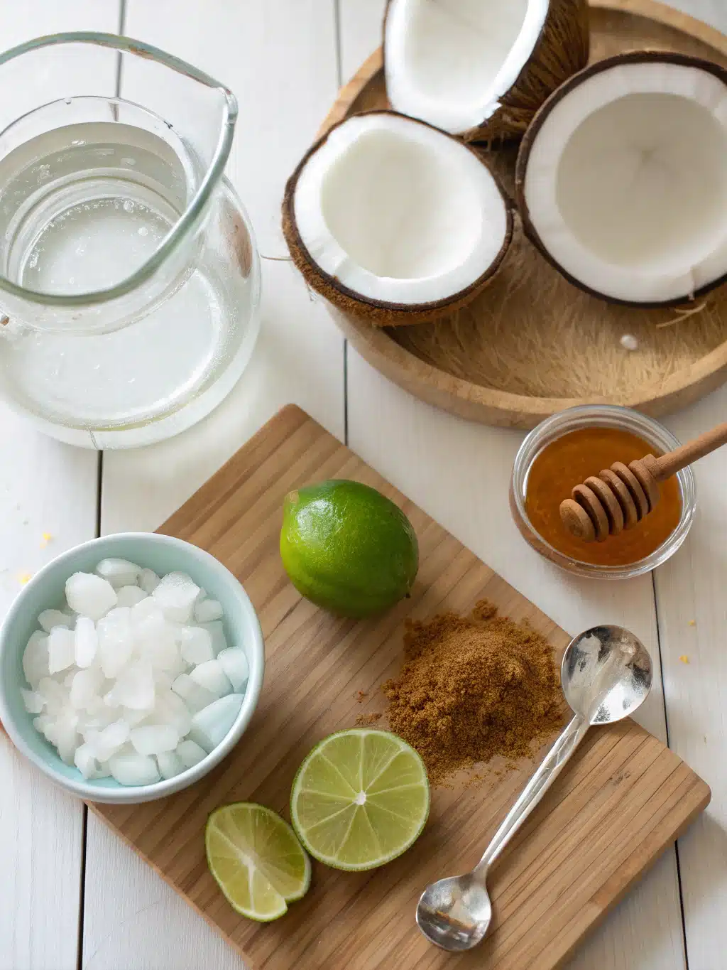 Fresh ingredients for coconut water recipe including coconut water, lime, honey, and cinnamon