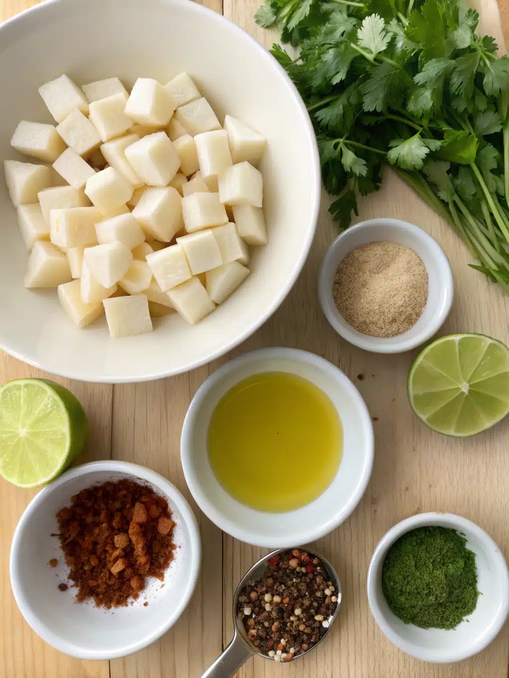 Fresh ingredients for cooked jicama recipe including jicama, lime, and spices