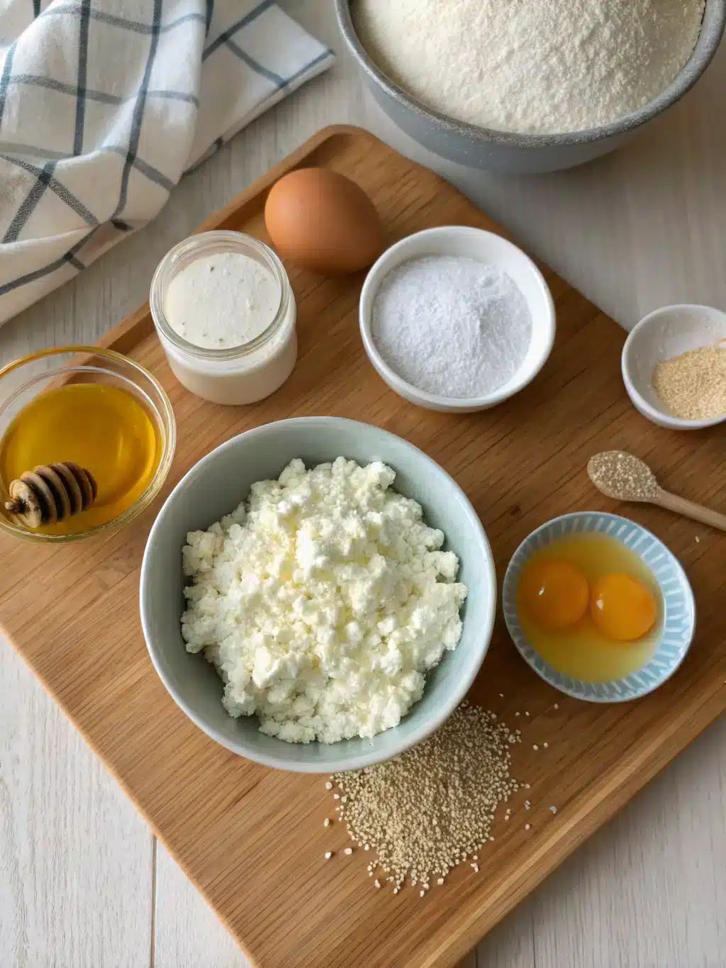 Bowls of cottage cheese, flour, eggs, and seasonings arranged for making homemade bagels