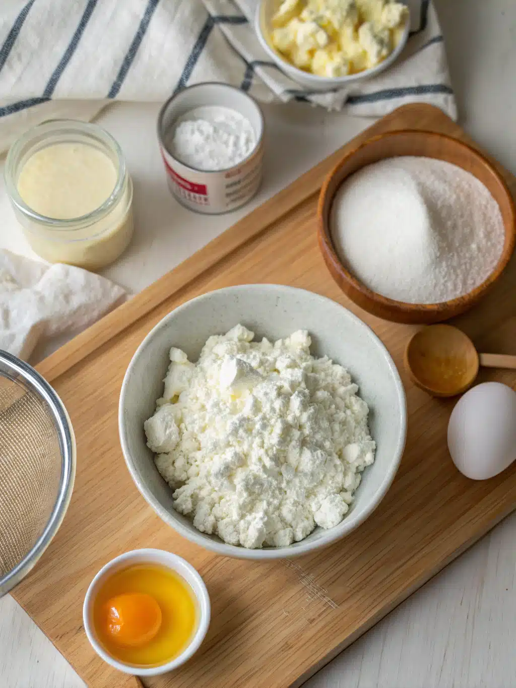 Cottage cheese bread ingredients Ingredients for homemade cottage cheese bread on a rustic wooden table