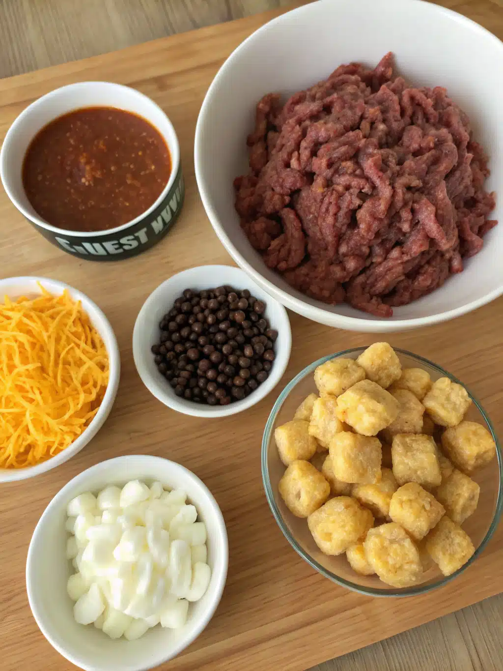 Fresh ingredients for cowboy casserole recipe including ground beef, tater tots, and cheese