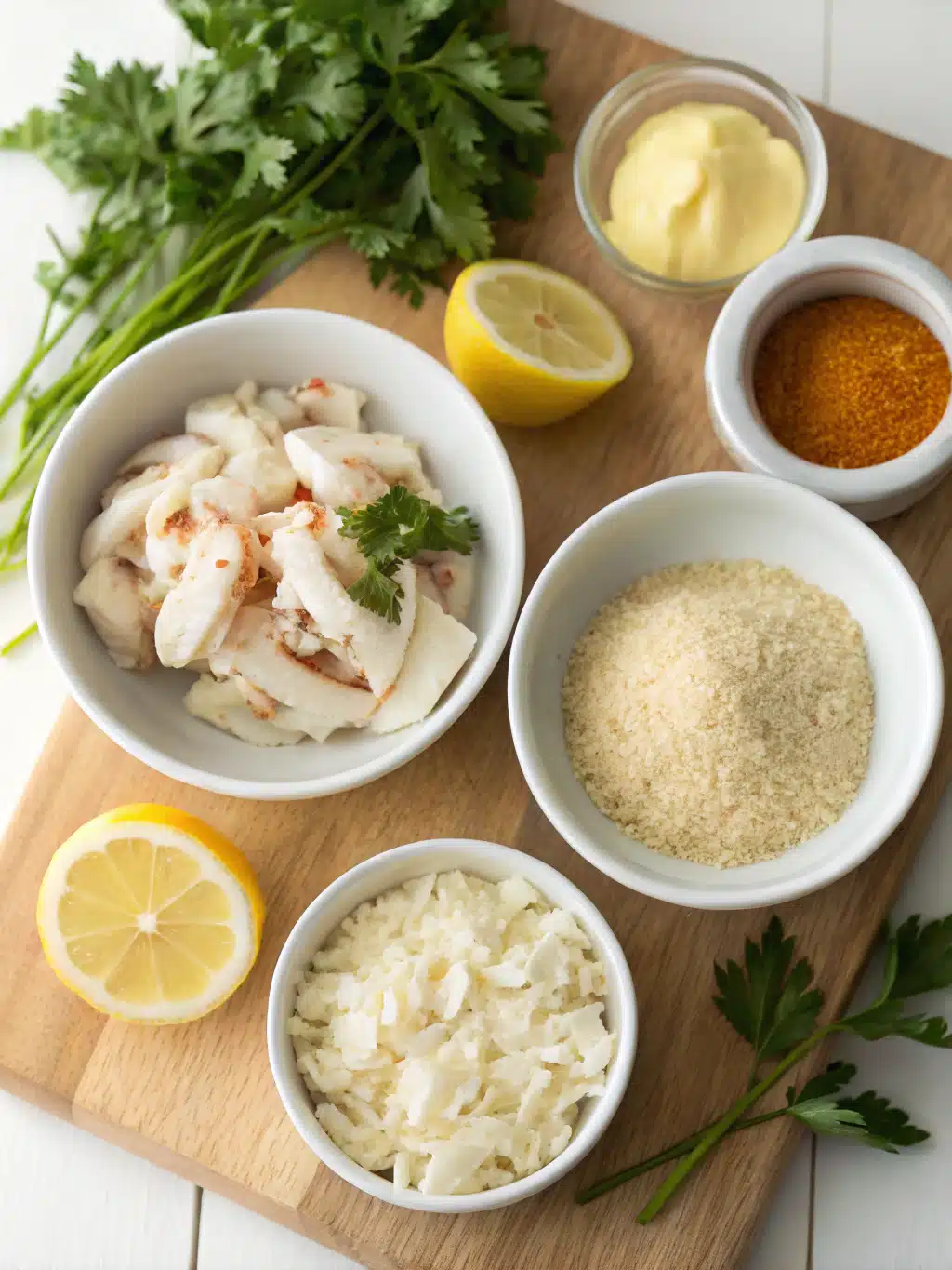Fresh ingredients for crab bombs recipe including crabmeat, breadcrumbs, and herbs