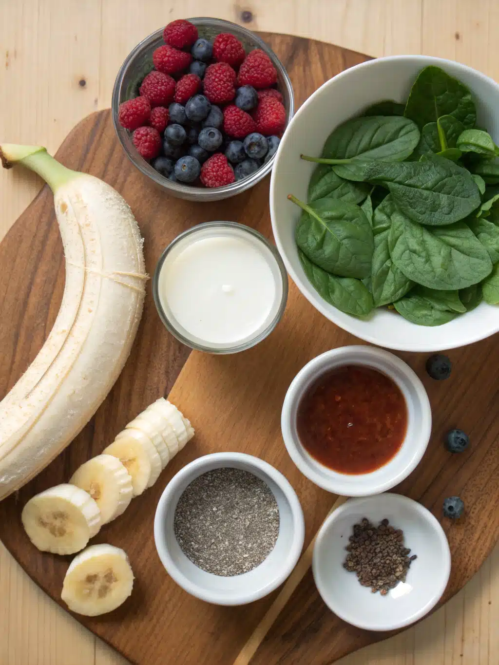 Fresh ingredients for a diabetic-friendly smoothie with berries, spinach, and chia seeds