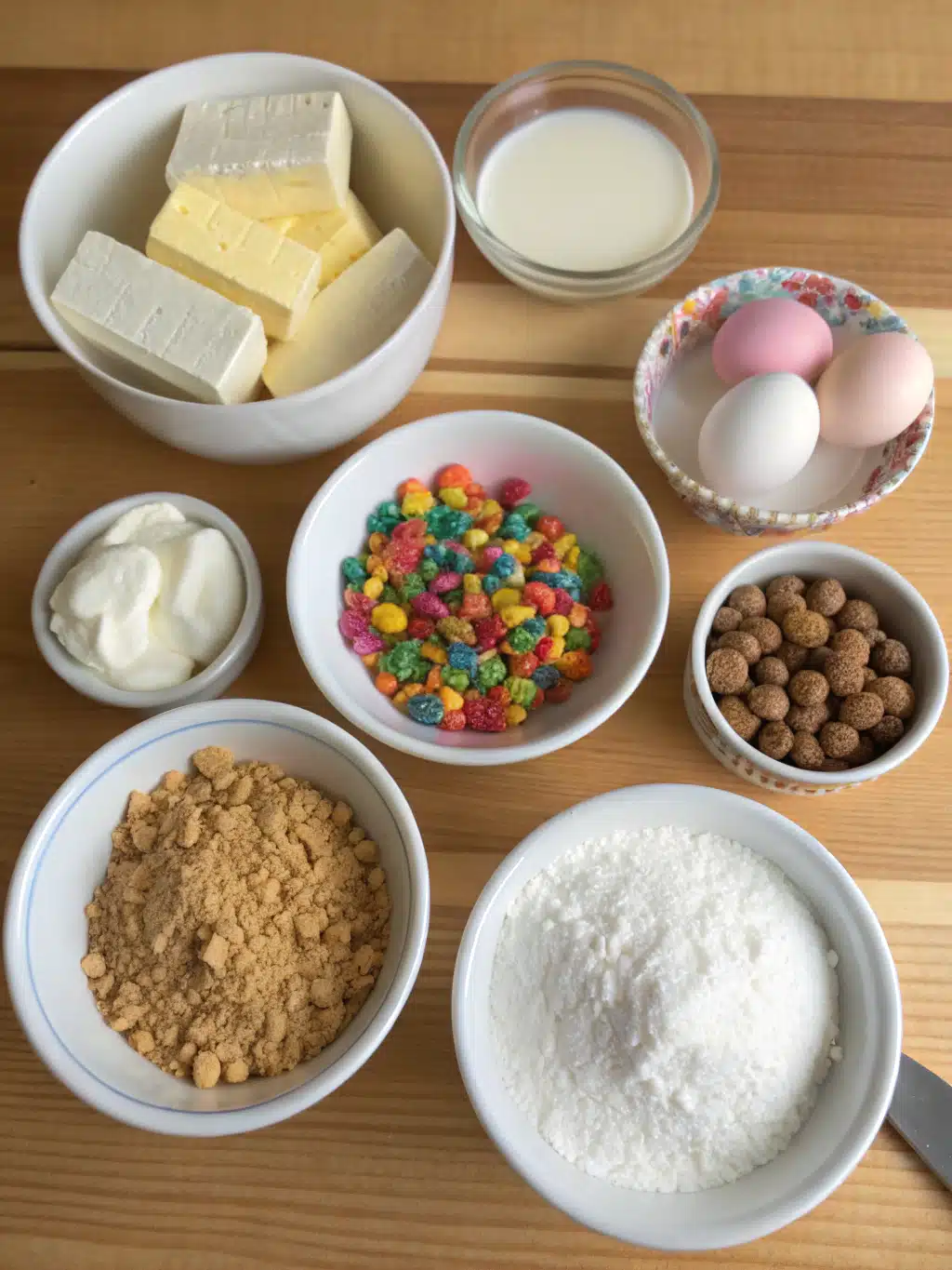Ingredients for fruity pebbles cheesecake arranged on a wooden table