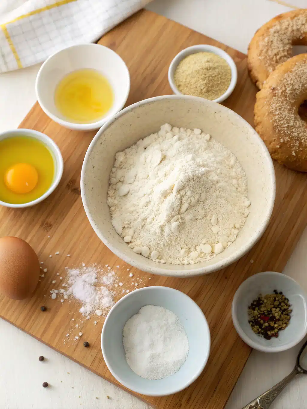 Ingredients for gluten free bagels including flour, yeast, honey, and seasoning