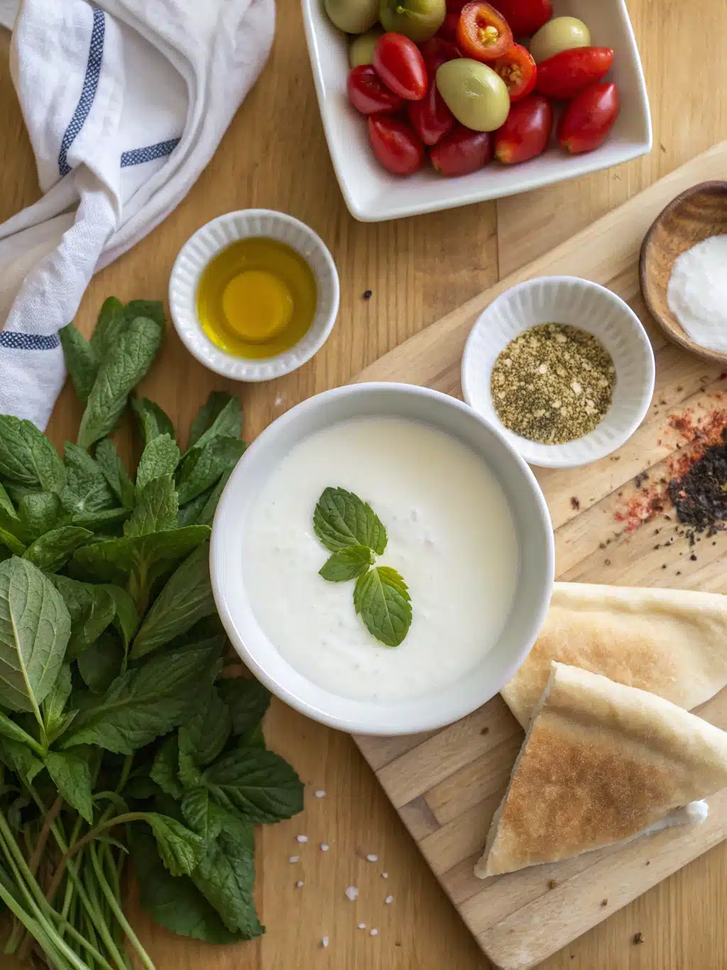 Fresh ingredients for labneh balls recipe including yogurt, olive oil, and za'atar