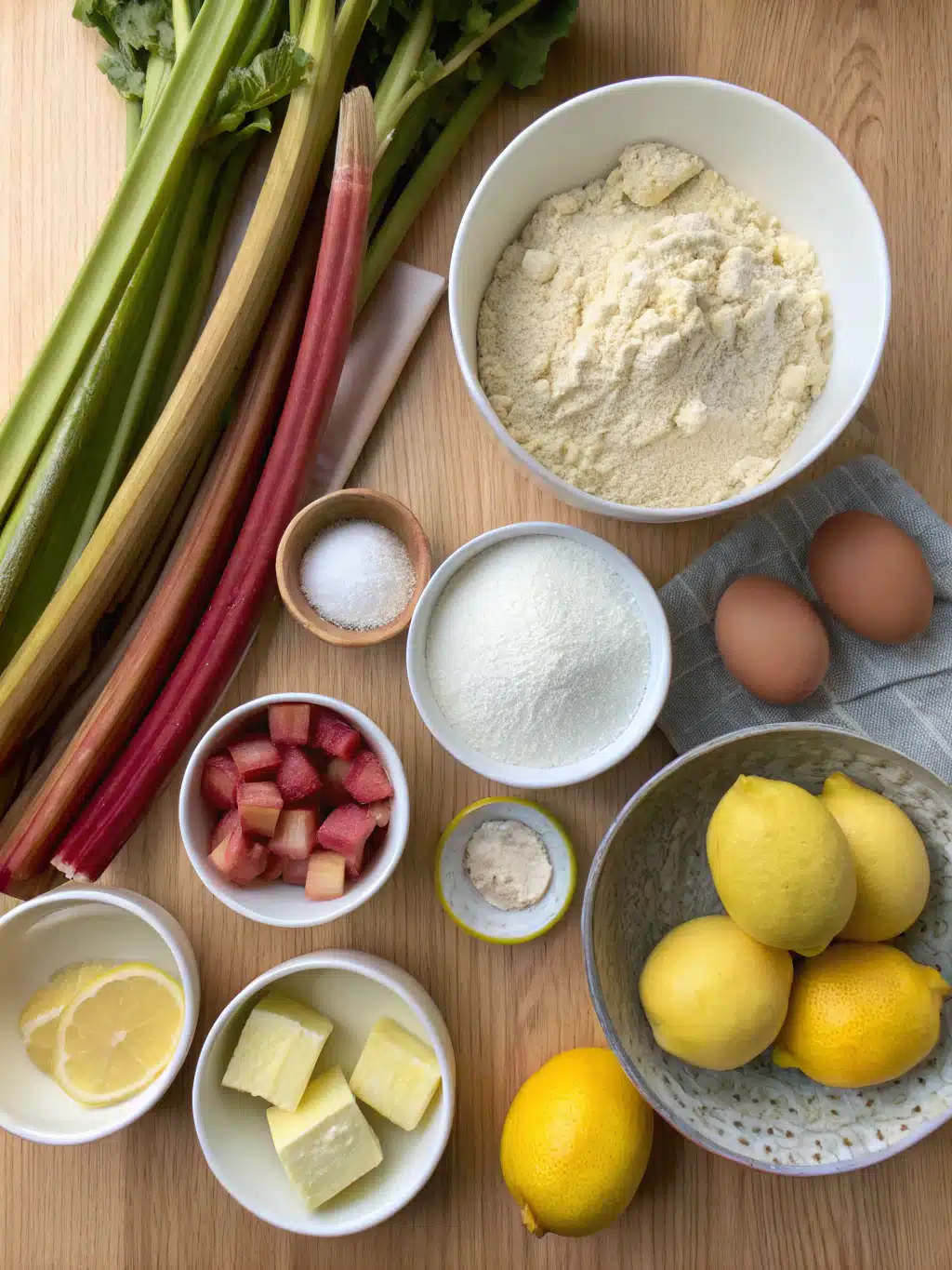 Fresh ingredients for lemon rhubarb loaf arranged on a wooden table