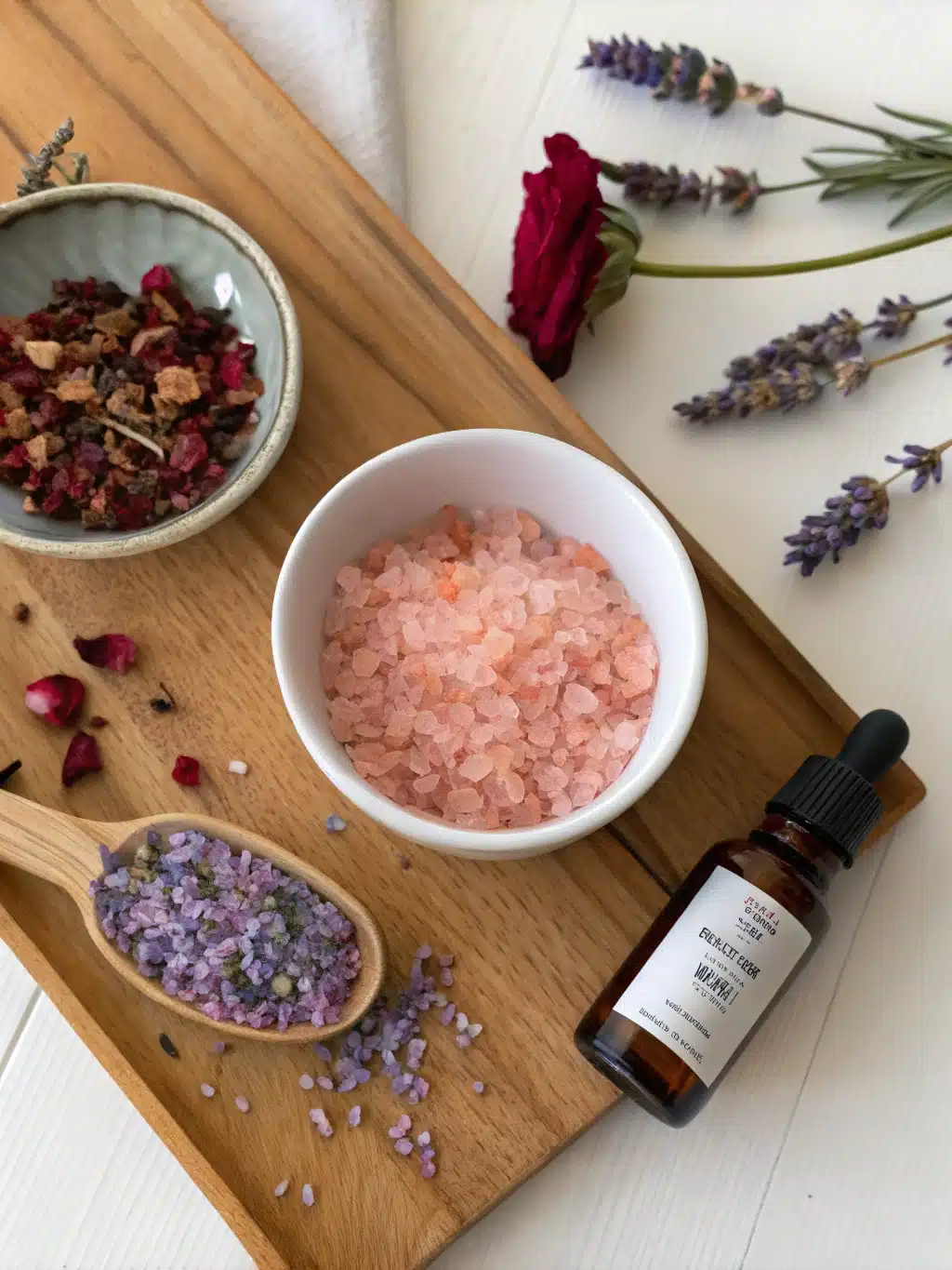 Ingredients for homemade mounjaro pink salt with pink Himalayan salt and dried flowers