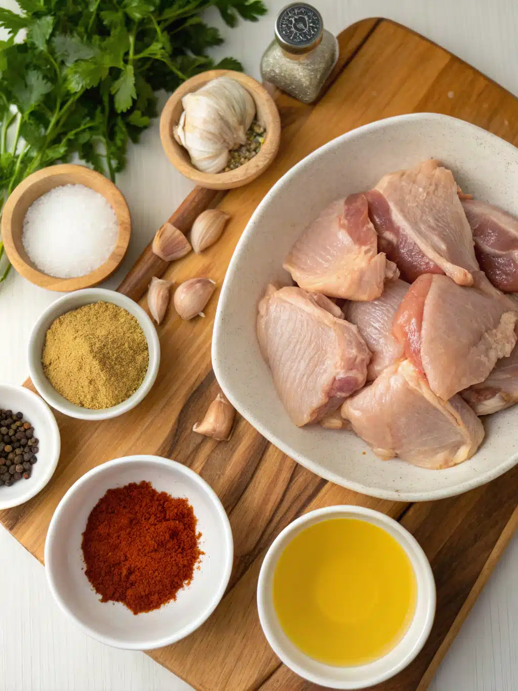 Ingredients for natural mounjaro recipe with pink salt including spices and chicken