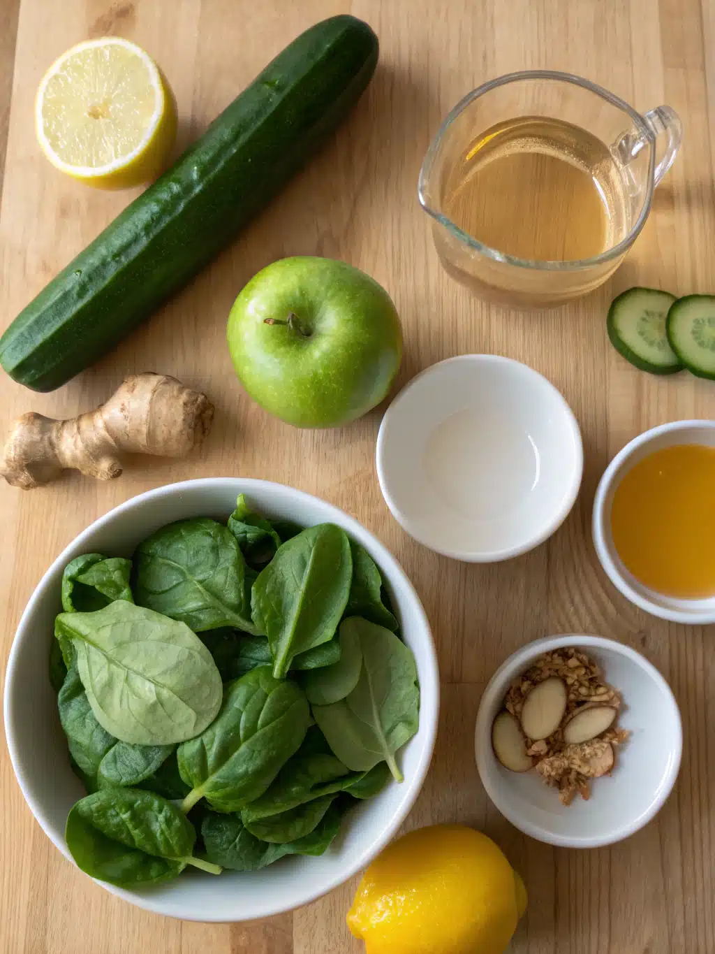 Fresh ingredients for Zepbound Recipe Natural: spinach, apple, cucumber, lemon, and ginger