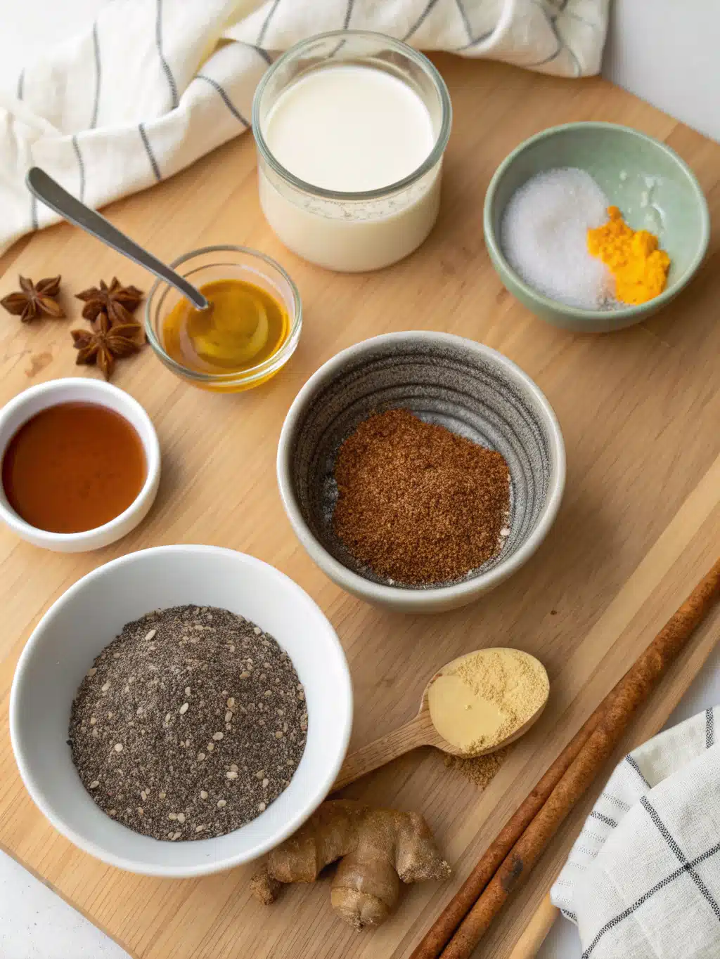 Ingredients for ozempic drink recipe including almond milk, chia seeds, and spices