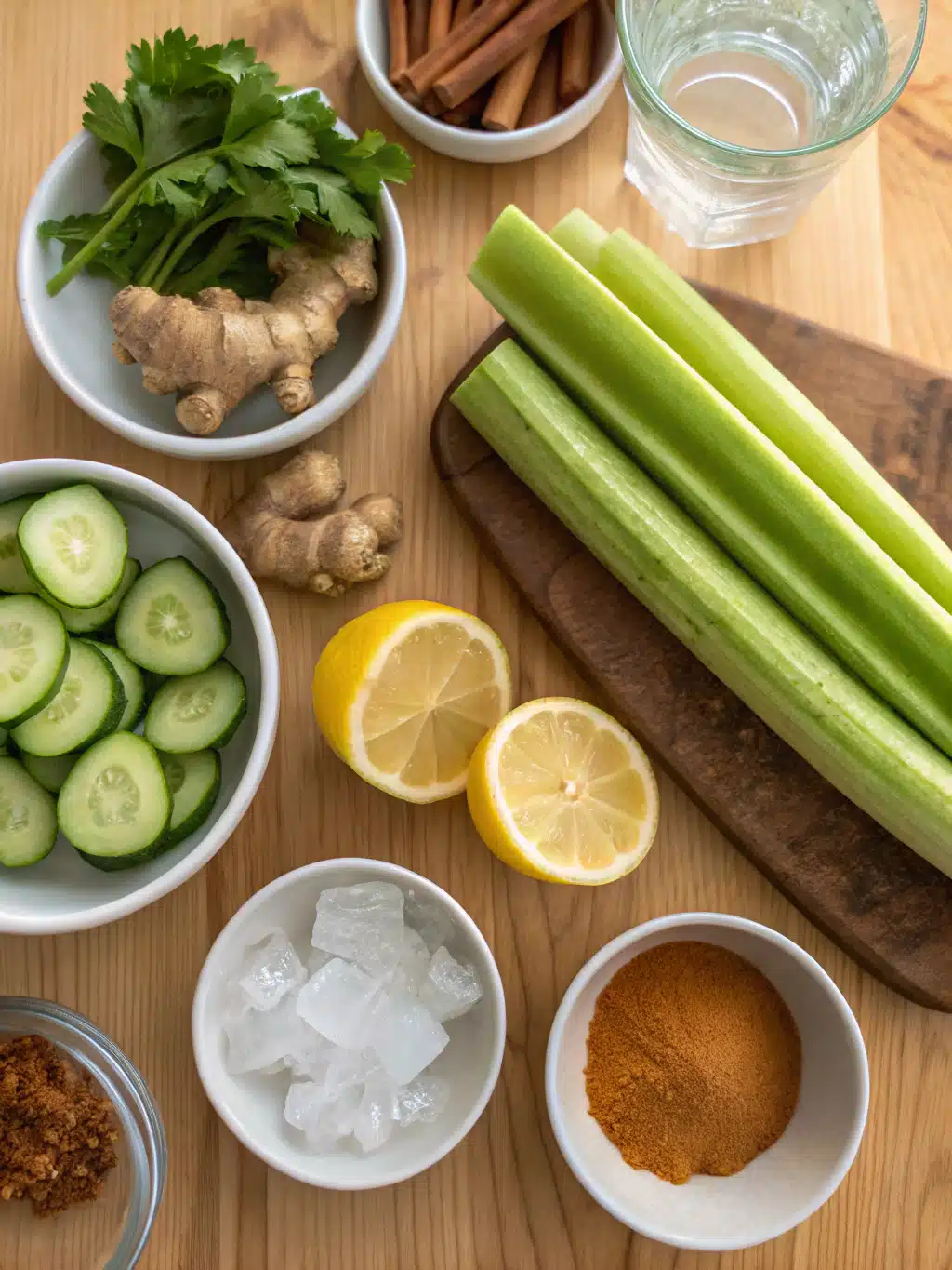Fresh ingredients for ozempic juice recipe including celery, cucumber, and lemon