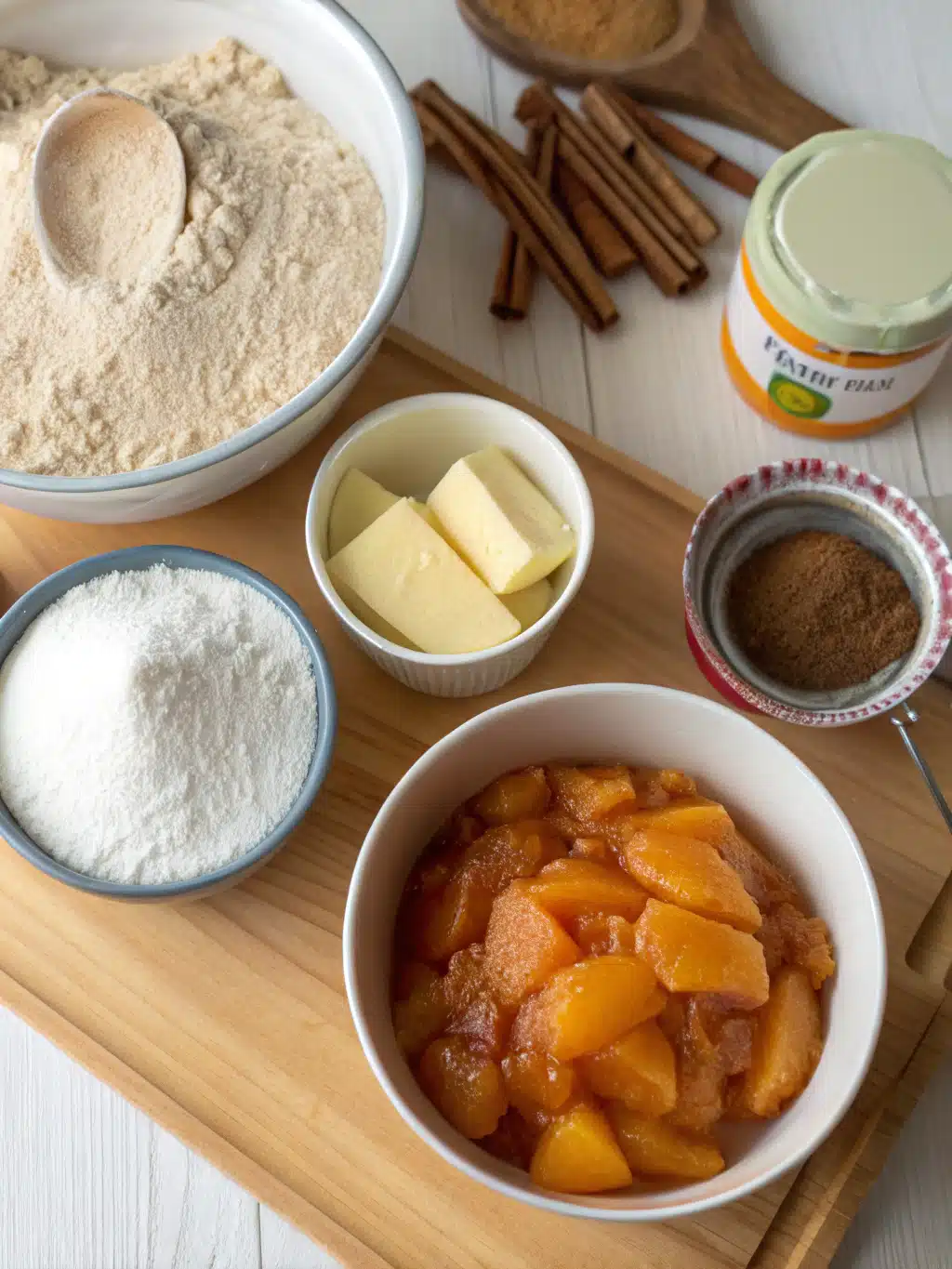 Ingredients for peach pie cruffins including flour, butter, peaches, and cinnamon