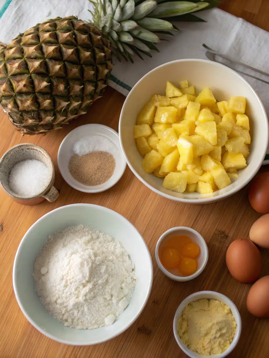 Fresh ingredients for pineapple cake recipe laid out on a rustic table