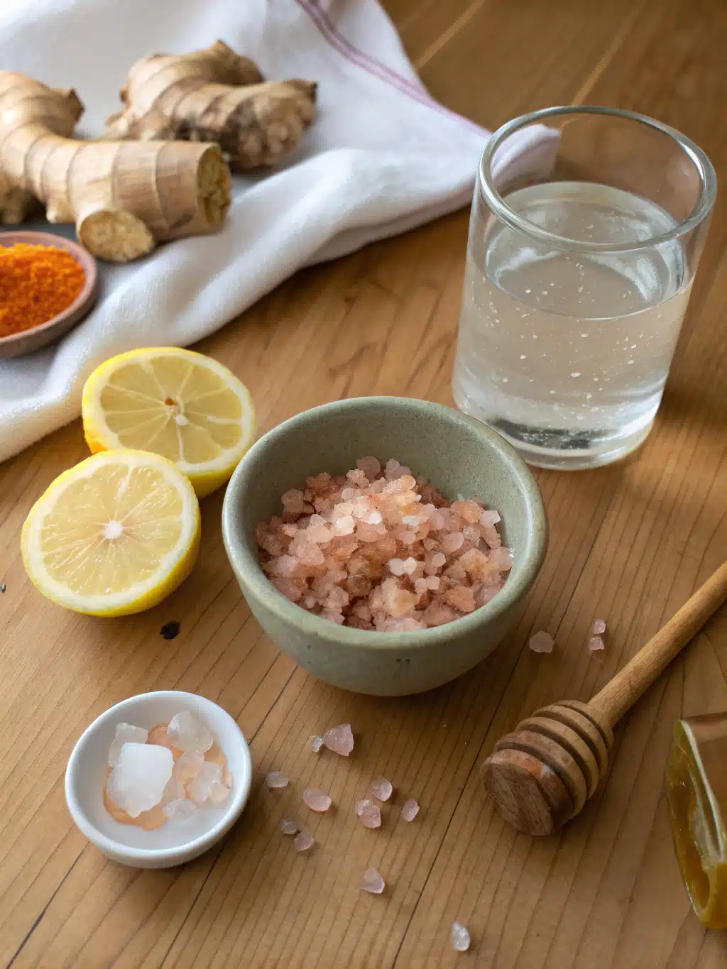 Ingredients for pink salt drink: water, pink salt, lemon, honey, and ginger