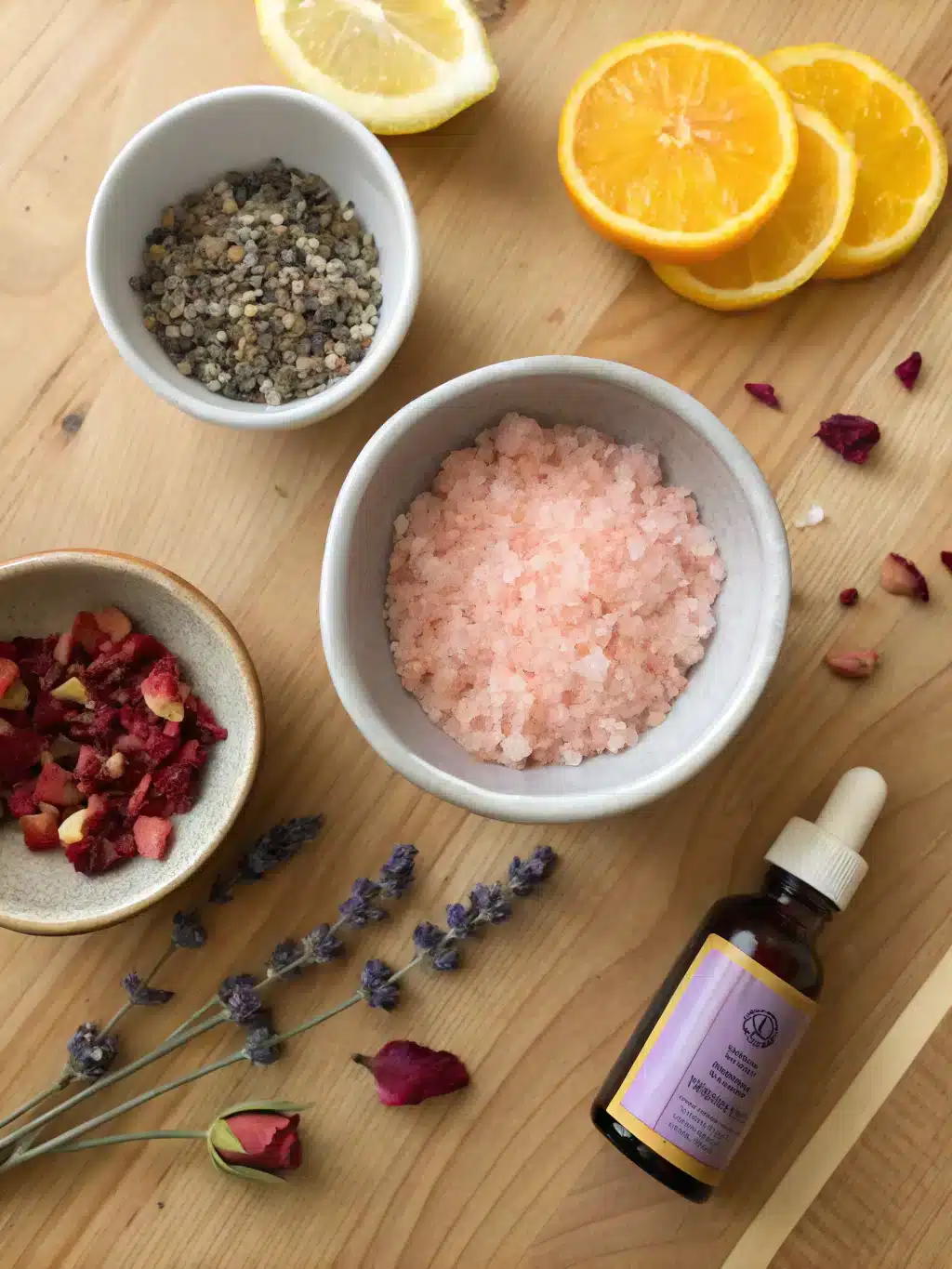 Ingredients for homemade pink salt recipe with herbs and spices