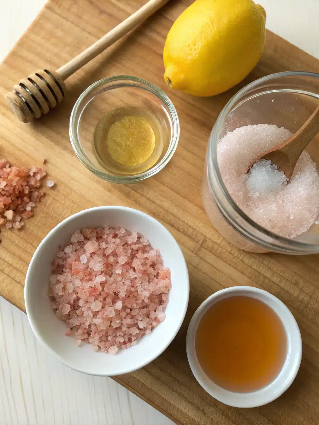 Ingredients for pink salt weight loss drink: pink salt, lemon, honey, and water