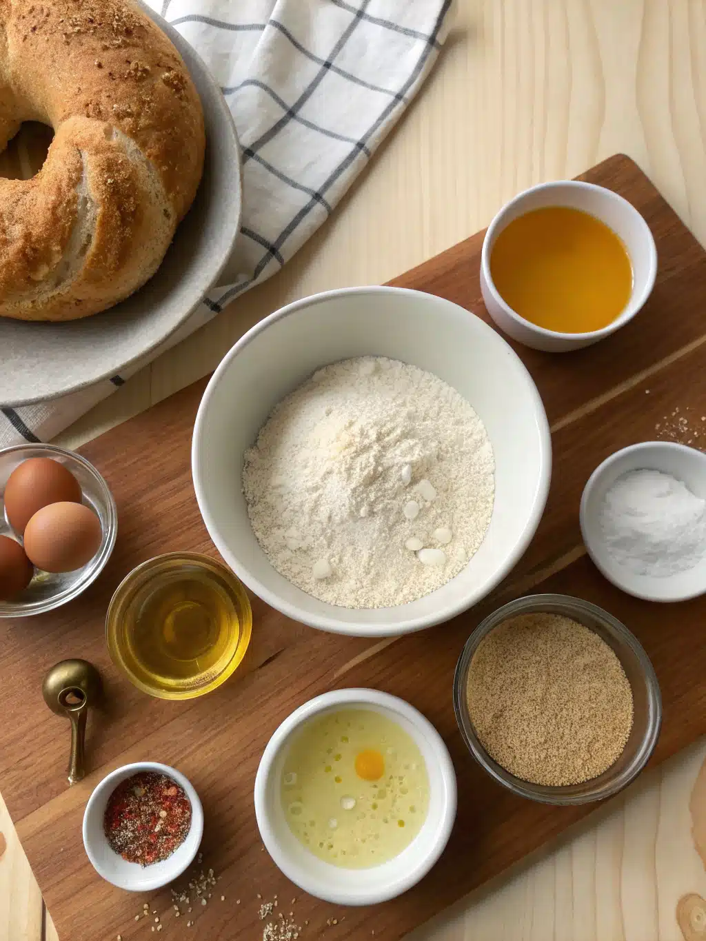 Ingredients for protein bagels recipe laid out on a kitchen counter