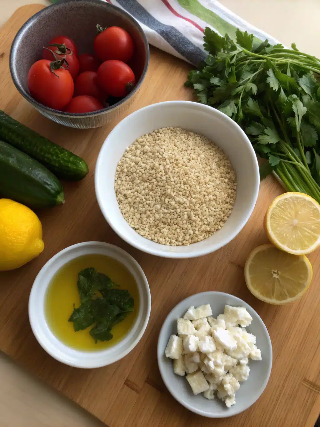 Fresh ingredients for a healthy quinoa salad including quinoa, cucumbers, and cherry tomatoes