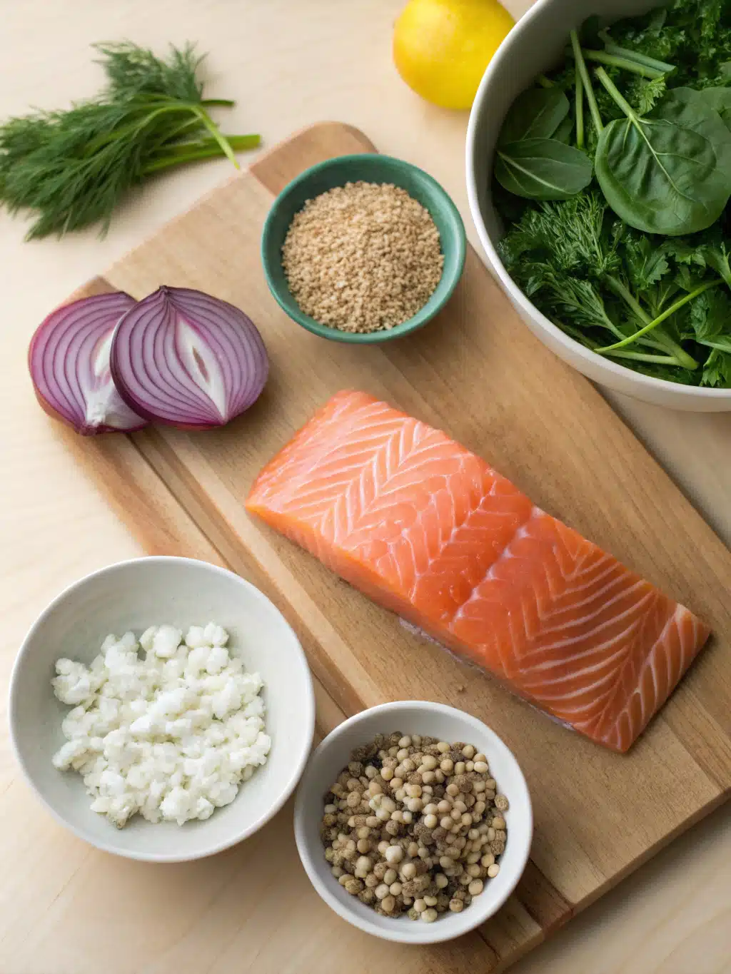 Fresh ingredients for salmon farro bowl including farro, salmon, spinach, and feta