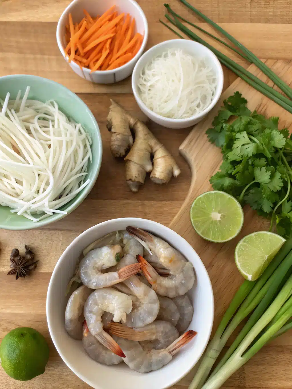Fresh ingredients for shrimp noodle bowl including shrimp, rice noodles, and vegetables