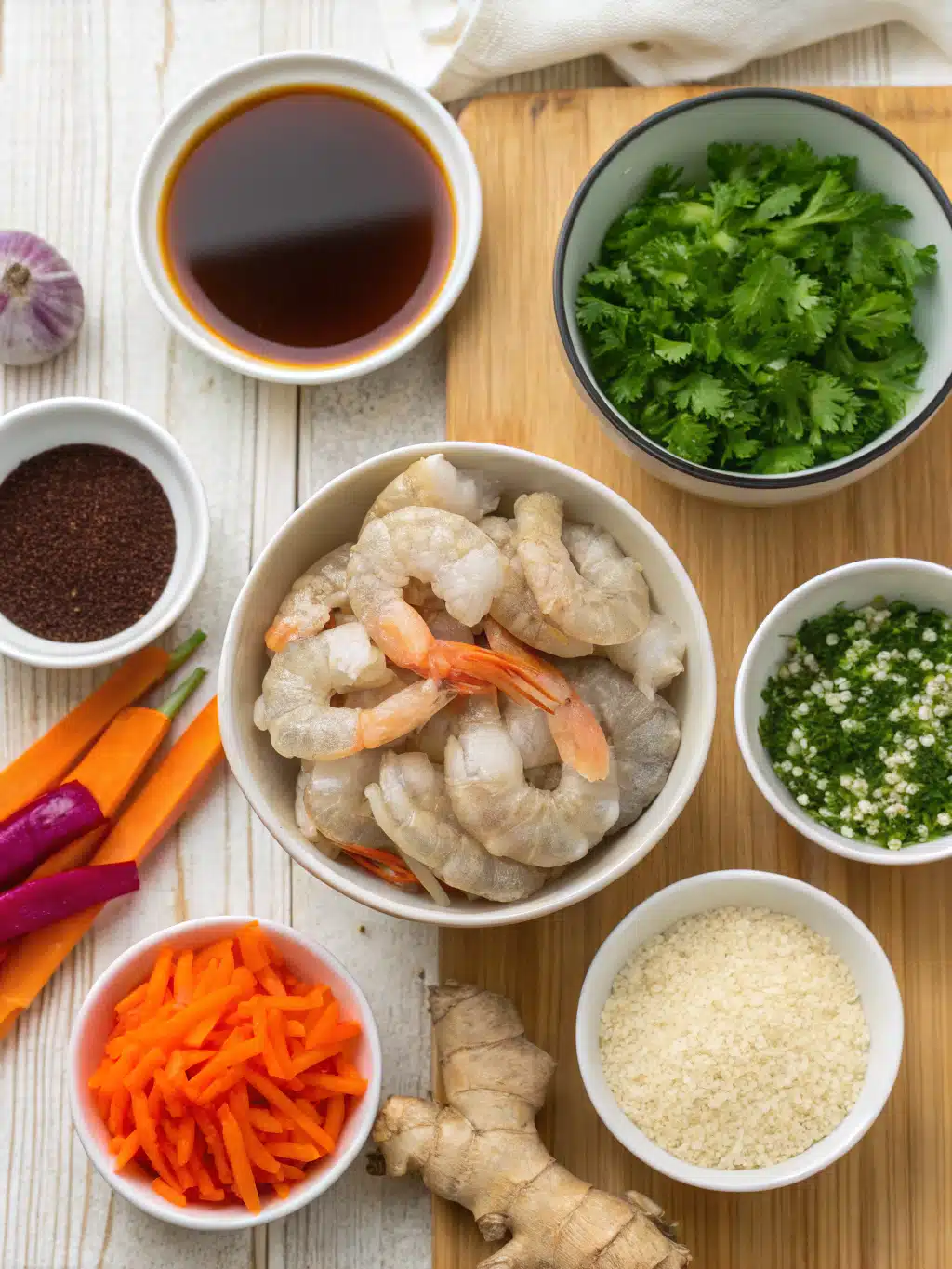 Fresh ingredients for shrimp sesame salad arranged on a wooden table