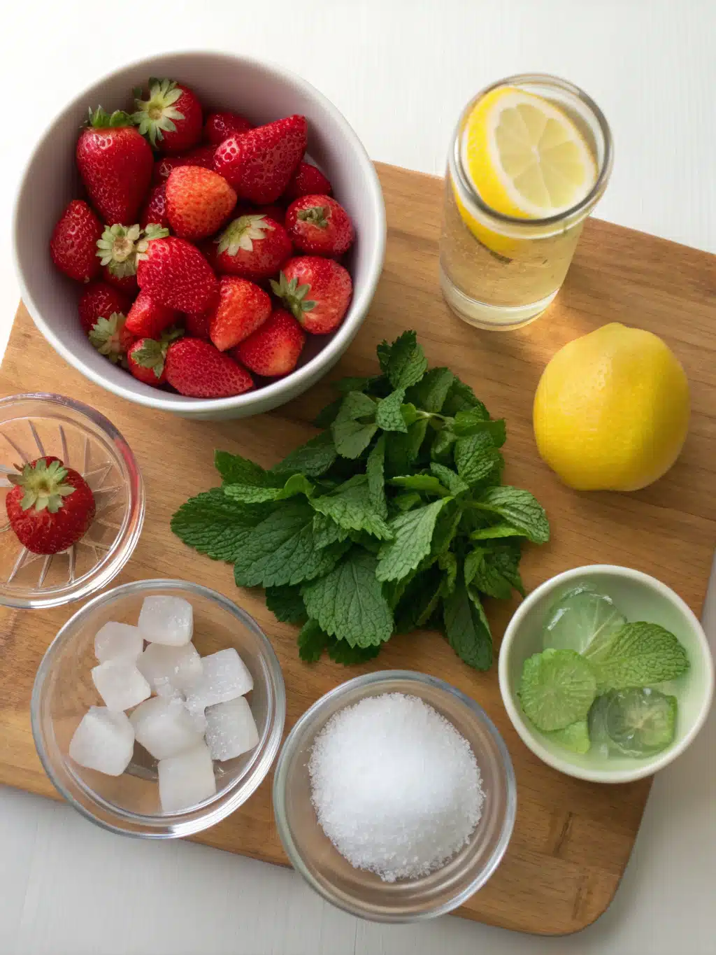 Fresh strawberries, lemon, sugar, and soda for strawberry sprite drink
