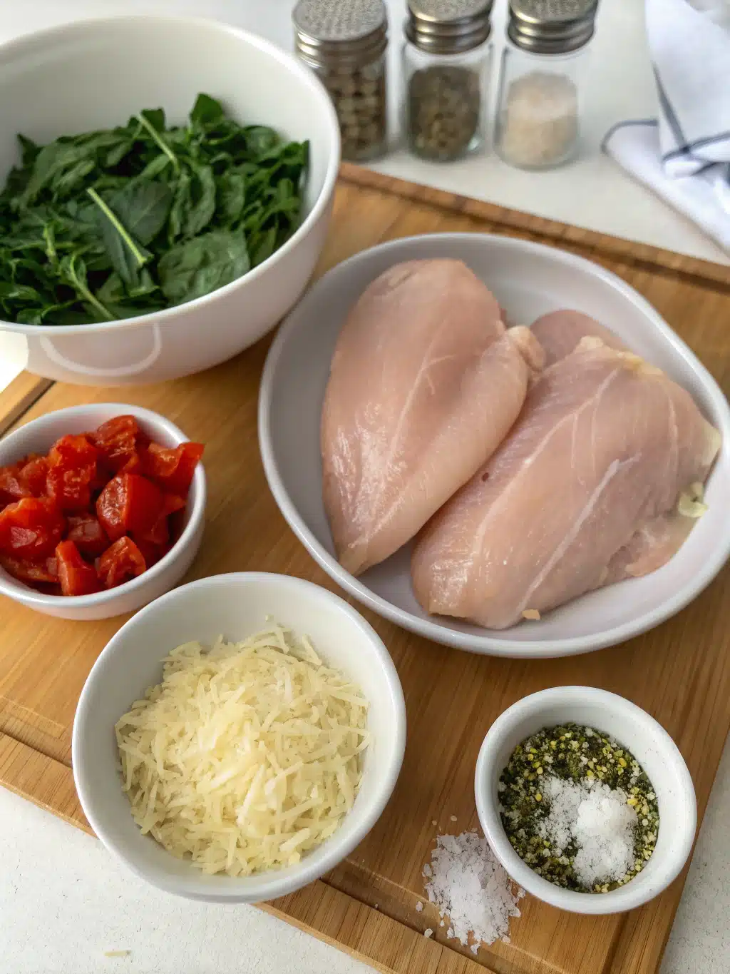 Fresh ingredients for stuffed chicken breasts including cheese, spinach, and herbs