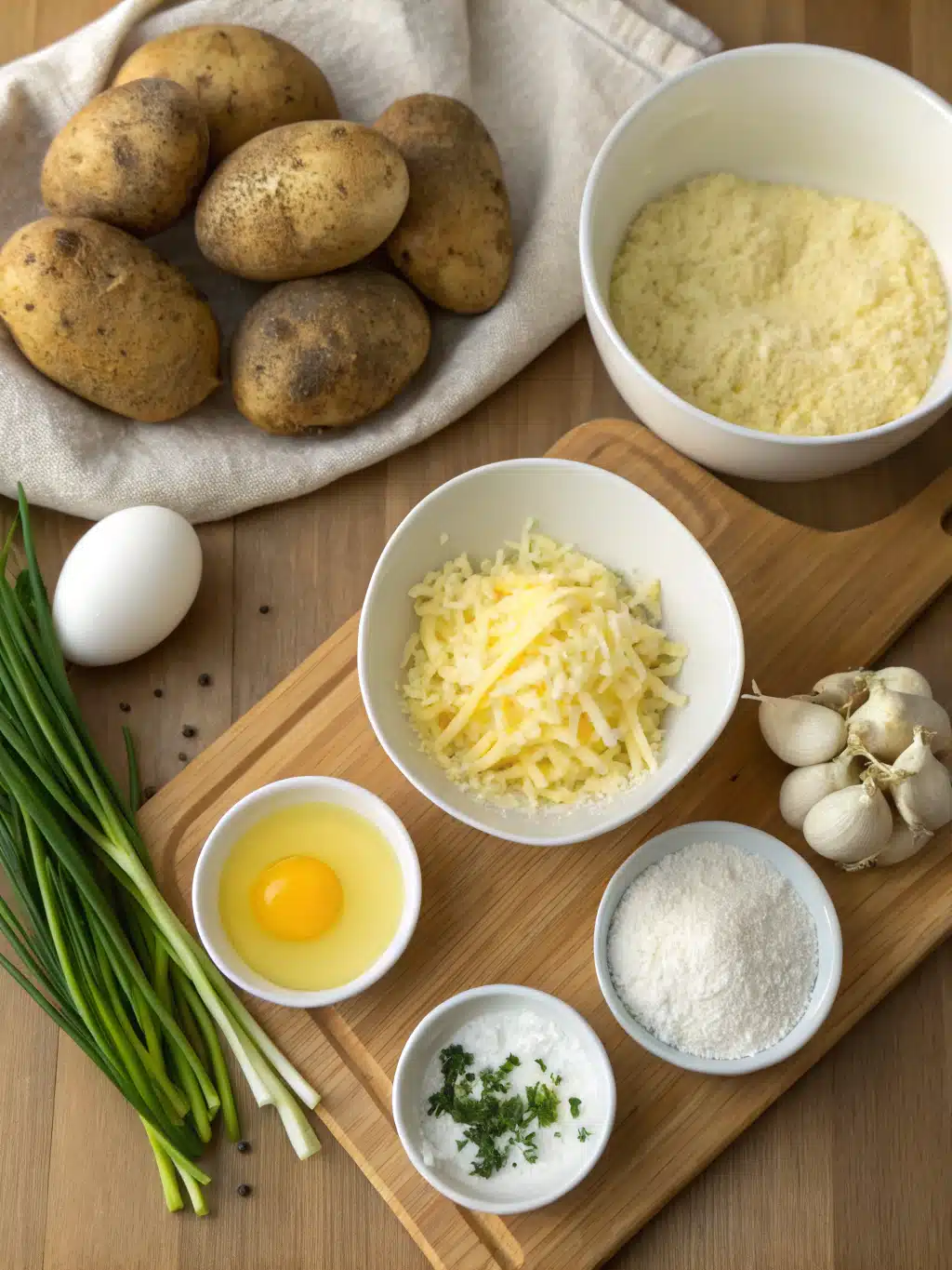 Fresh ingredients for stuffed potato nests arranged on a kitchen counter