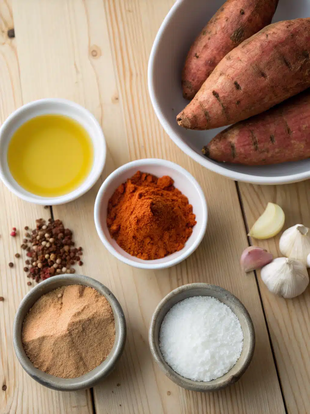 Fresh ingredients for homemade sweet potato chips arranged on a counter
