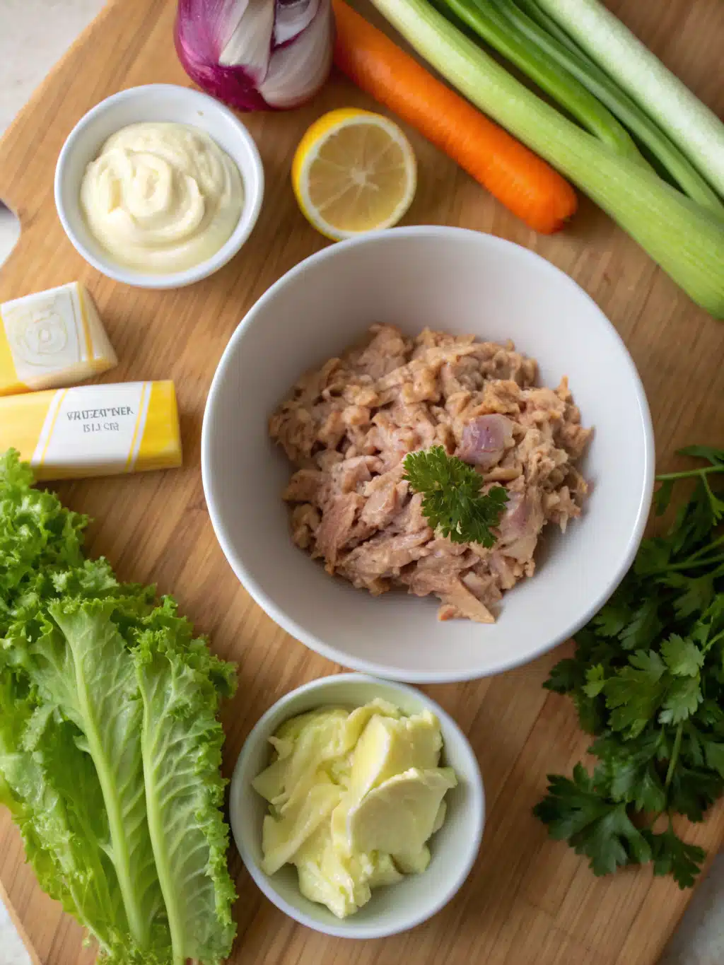 Fresh ingredients for making tuna lettuce wraps on a wooden table