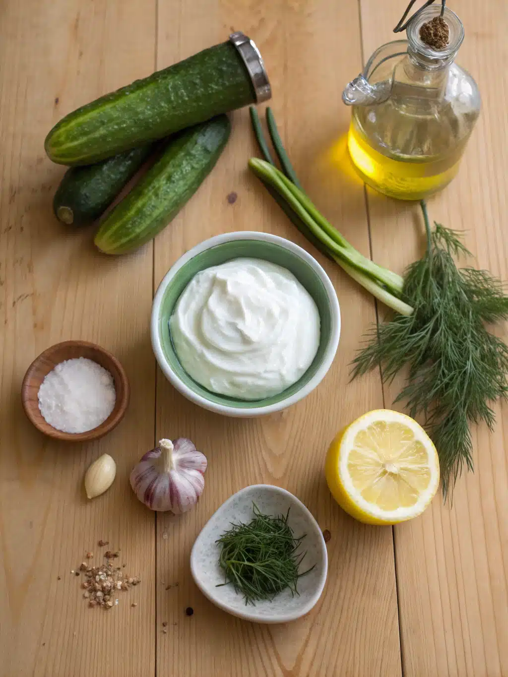 Fresh ingredients for tzatziki sauce recipe: yogurt, cucumber, lemon, and herbs