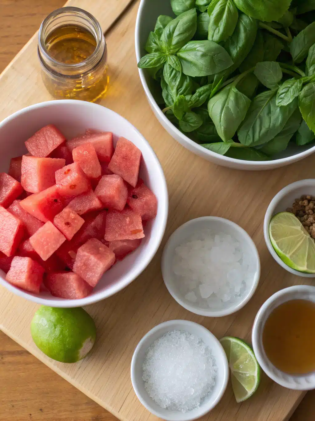 Fresh ingredients for watermelon basil juice arranged on a rustic table