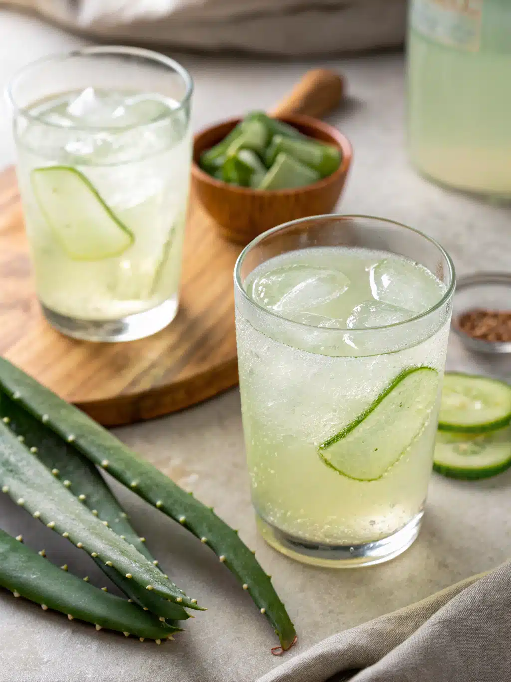 Learn how to make refreshing aloe vera juice at home with fresh aloe gel, lemon, and honey—perfect chilled over ice for a hydrating treat.