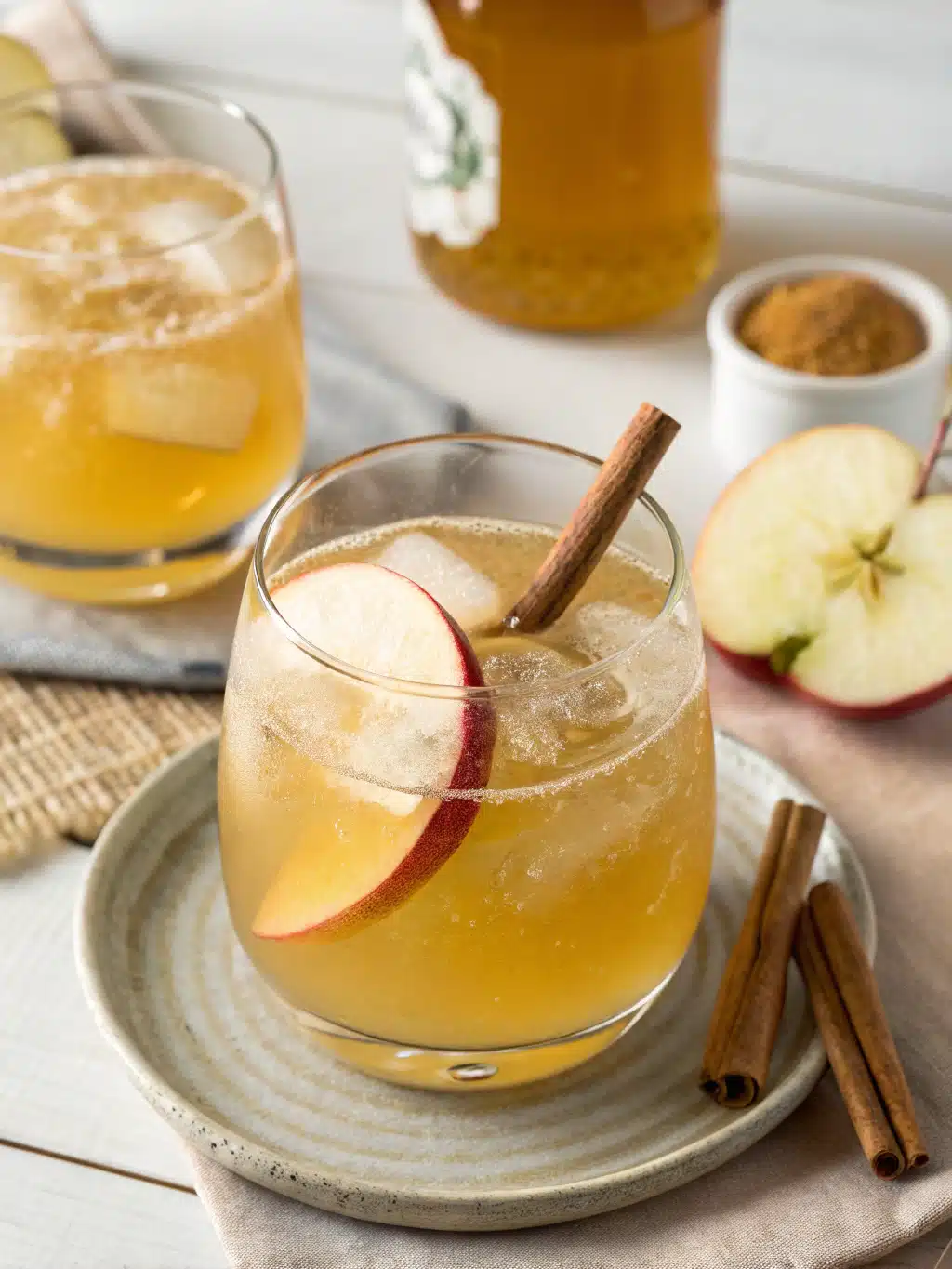 Refreshing apple cider vinegar drink with honey and cinnamon, served over ice with lemon slices for a tangy, revitalizing beverage.