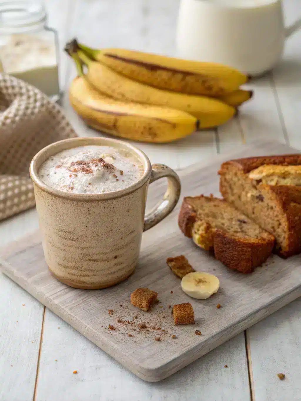 Warm up with this creamy banana bread latte, blending ripe bananas, cinnamon, and coffee for a cozy homemade treat. Top with whipped cream!